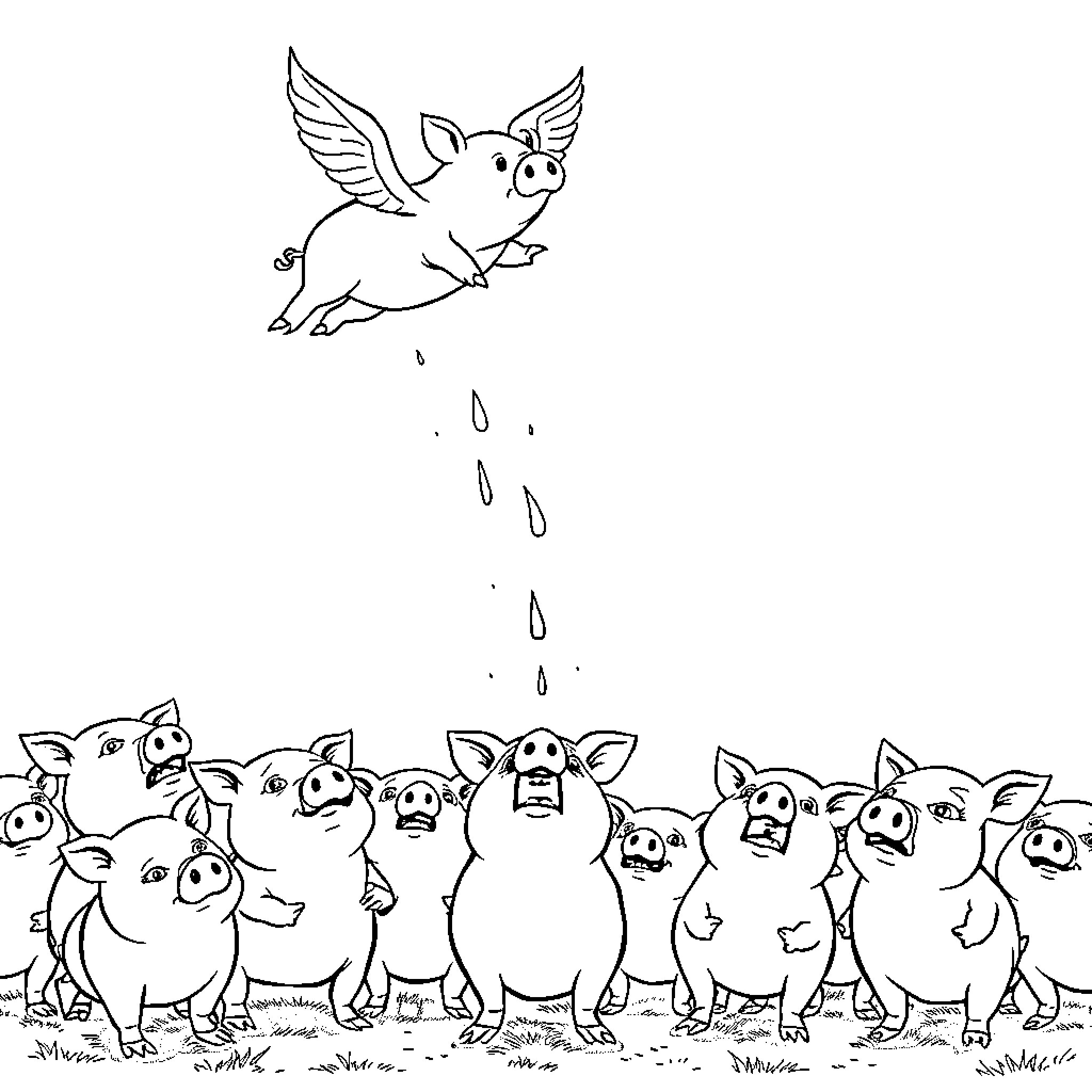 Pig with wings flying over a group of pigs Coloring Page (free black-and-white line drawing printable PDF for all, from beginners to advanced learners, including children, teens, adults, and seniors)