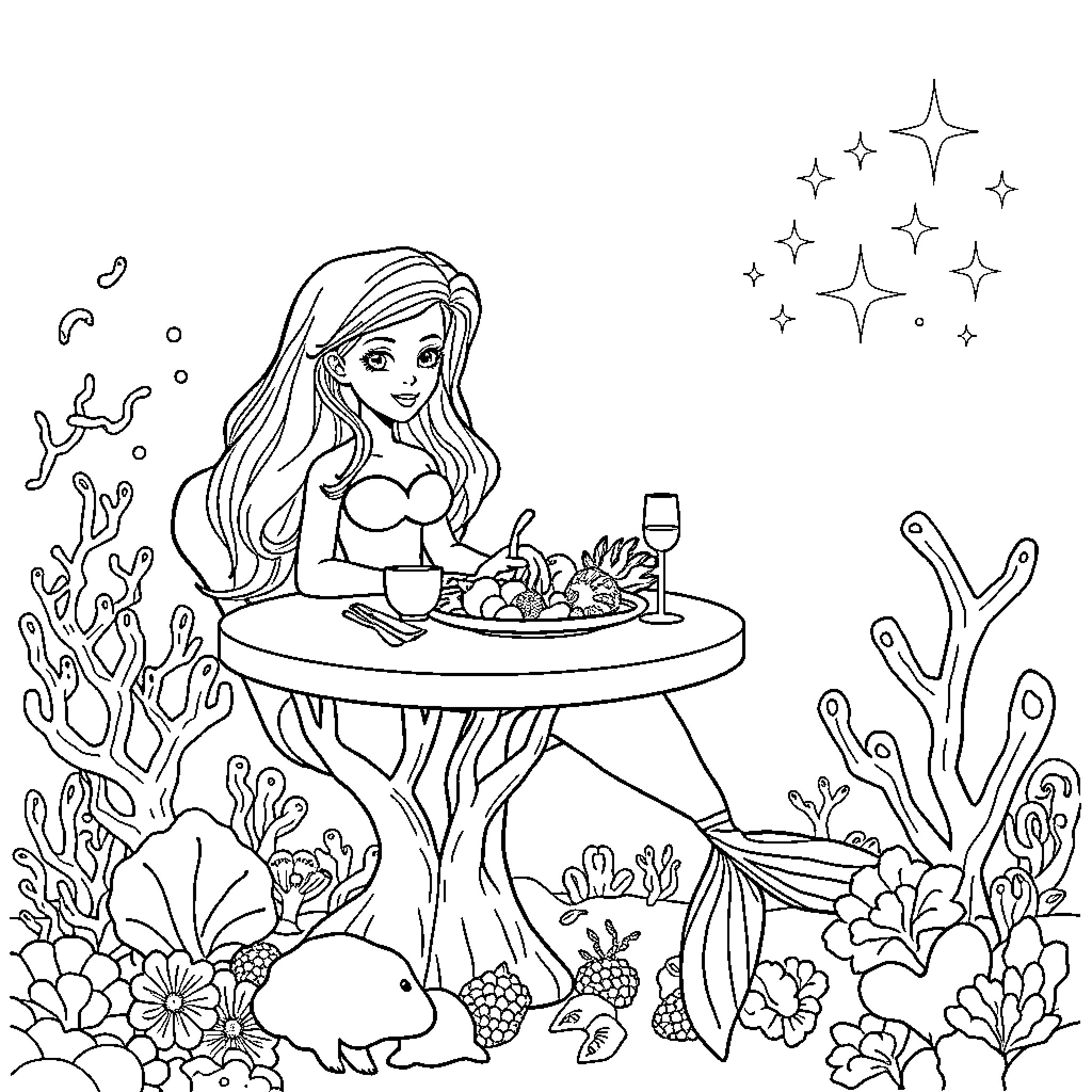 Mermaid enjoying a feast in the sea Coloring Page (free black-and-white line drawing printable PDF for all, from beginners to advanced learners, including children, teens, adults, and seniors)