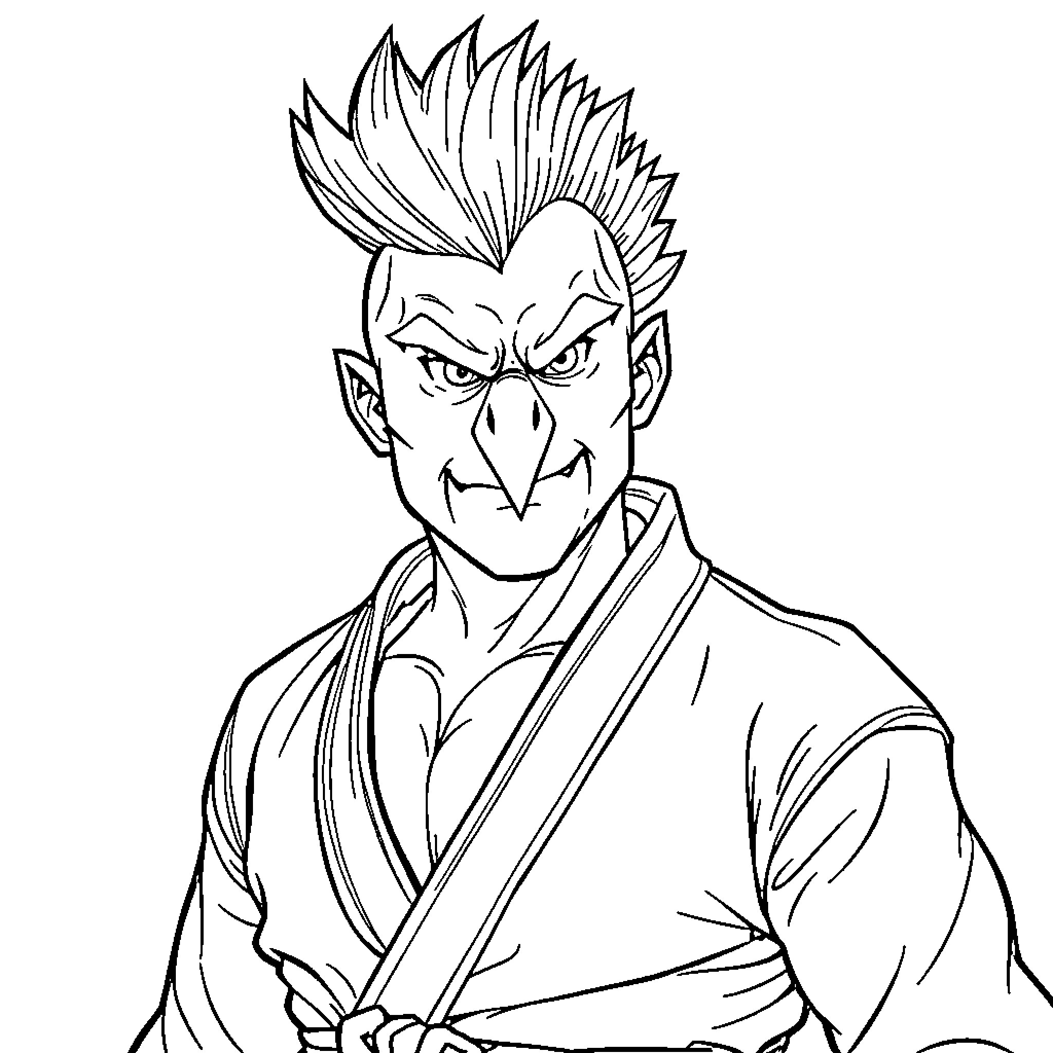 Hawk-eyed martial artist in fierce stance Coloring Page (free black-and-white line drawing printable PDF for all, from beginners to advanced learners, including children, teens, adults, and seniors)