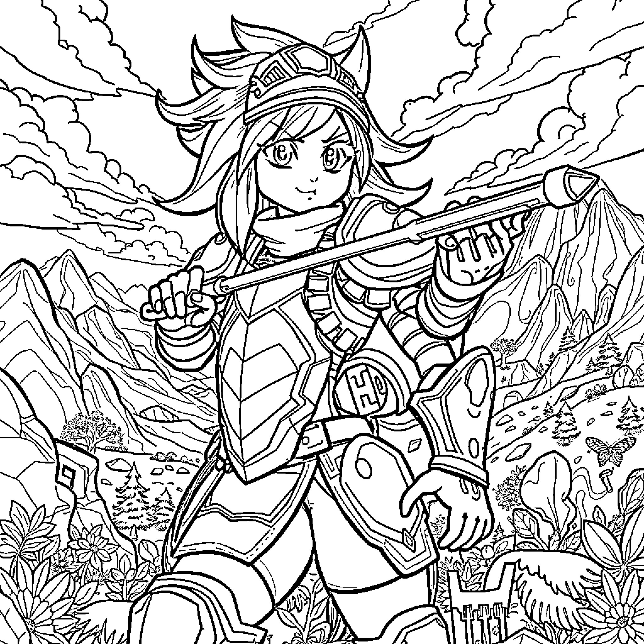 Huntrix's Heroic Adventure in the Wilderness Coloring Page (free black-and-white line drawing printable PDF for all, from beginners to advanced learners, including children, teens, adults, and seniors)