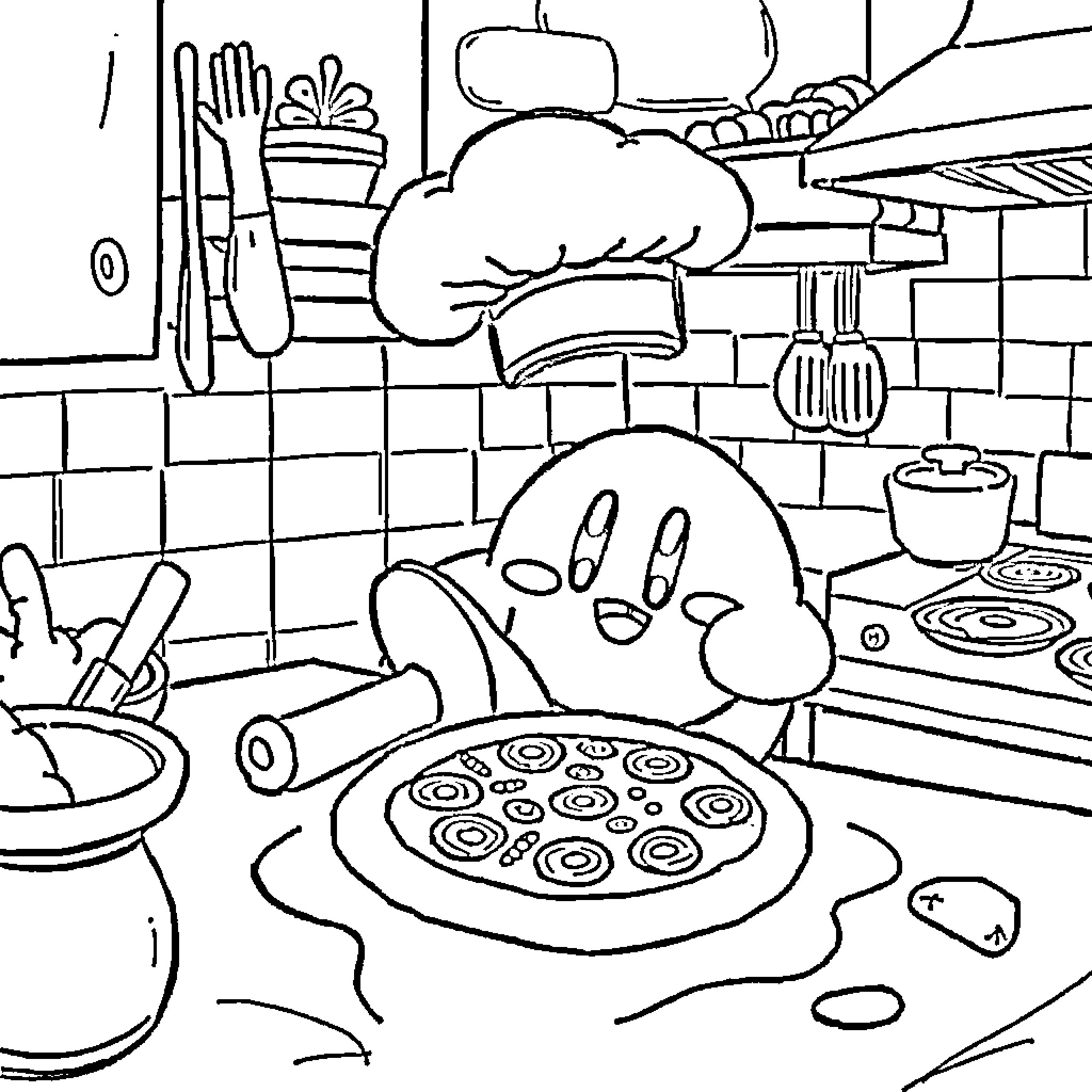 Kirby preparing a tasty meal in the kitchen Coloring Page (free black-and-white line drawing printable PDF for all, from beginners to advanced learners, including children, teens, adults, and seniors)