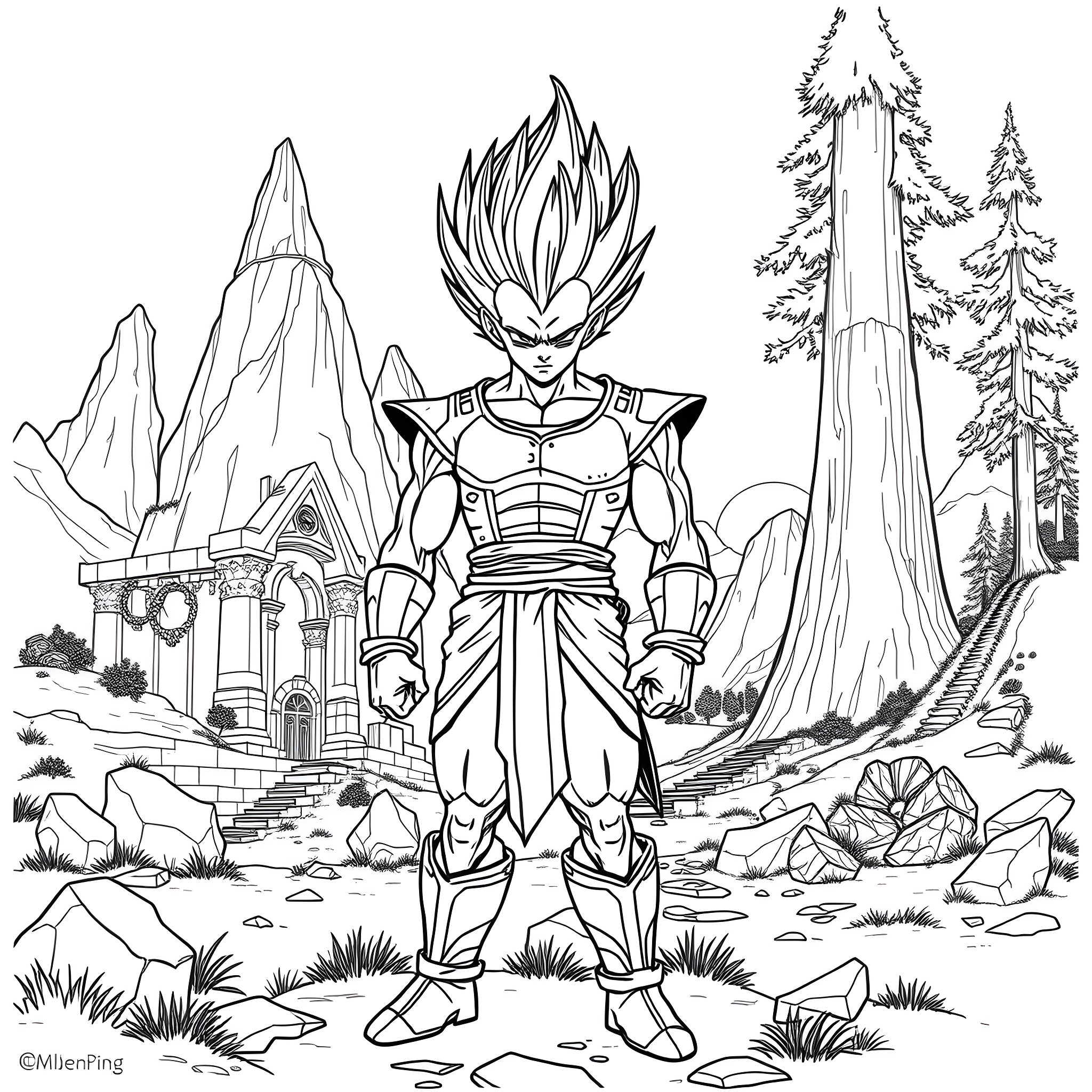 Vegeta standing proudly in a fantasy landscape Coloring Page (free black-and-white line drawing printable PDF for all, from beginners to advanced learners, including children, teens, adults, and seniors)