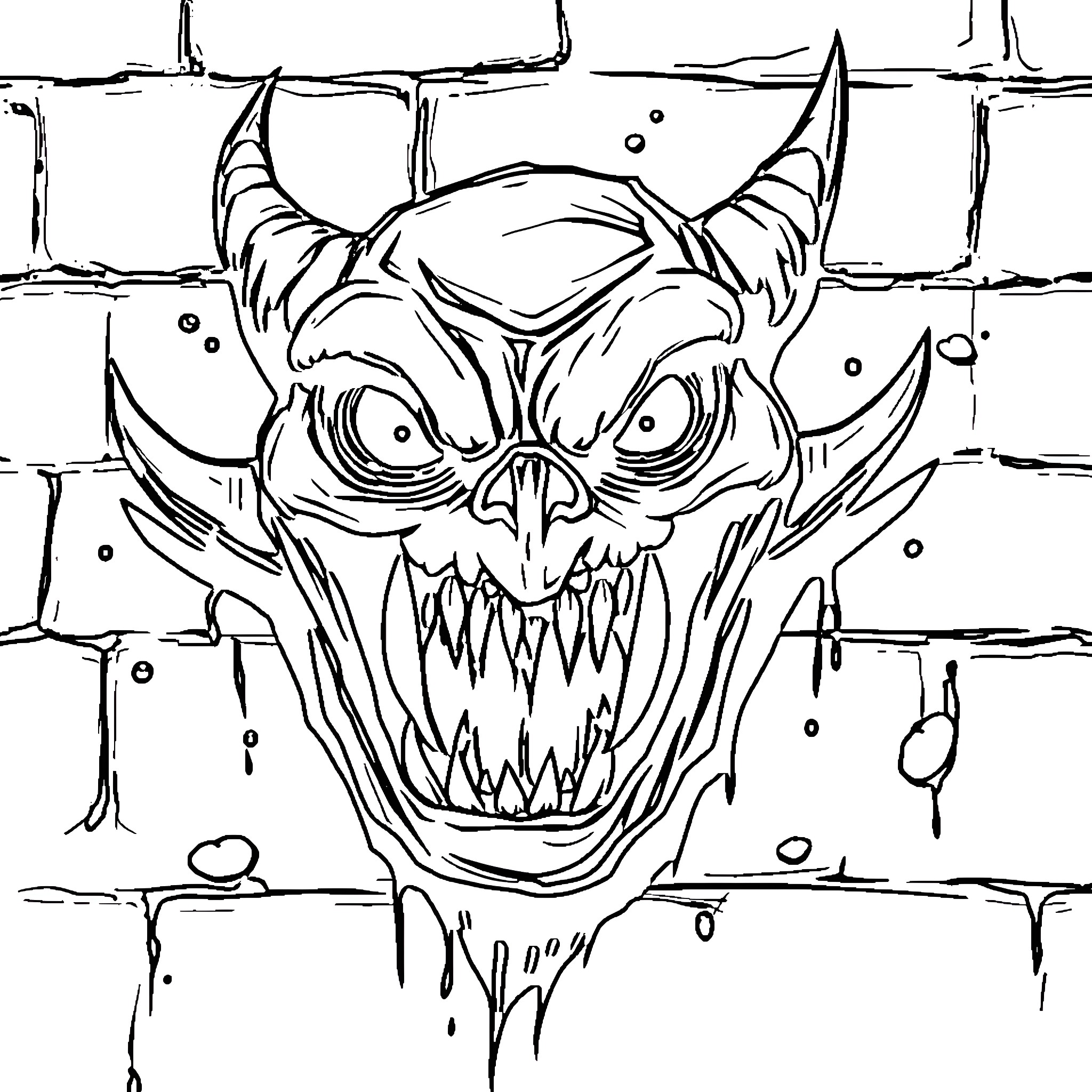 Monster unleashing terrifying grin through brick wall Coloring Page (free black-and-white line drawing printable PDF for all, from beginners to advanced learners, including children, teens, adults, and seniors)