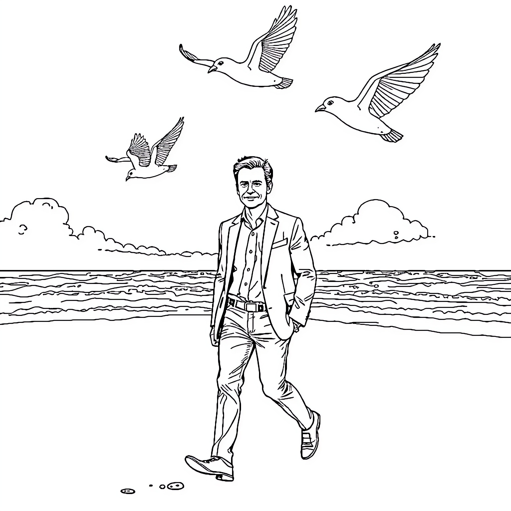 Macron Enjoying Coastal Scenery with Birds Coloring Page (free black-and-white line drawing printable PDF for all, from beginners to advanced learners, including children, teens, adults, and seniors)