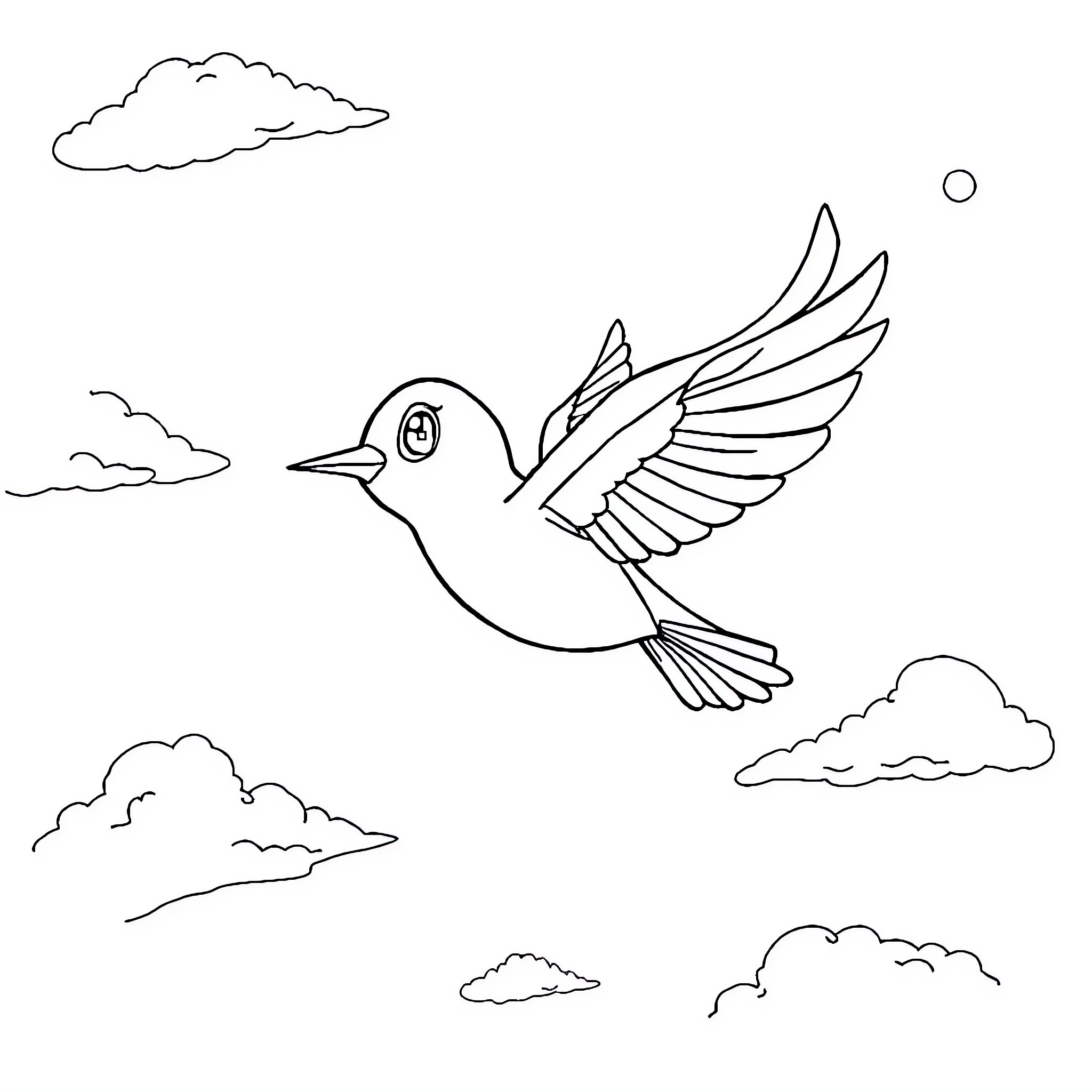 Bird soaring through the clouds Coloring Page (free black-and-white line drawing printable PDF for all, from beginners to advanced learners, including children, teens, adults, and seniors)