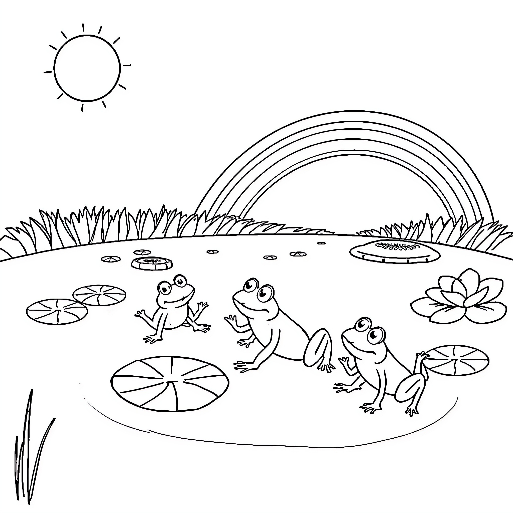 Frog and friends playing in the sun-filled pond Coloring Page (free black-and-white line drawing printable PDF for all, from beginners to advanced learners, including children, teens, adults, and seniors)