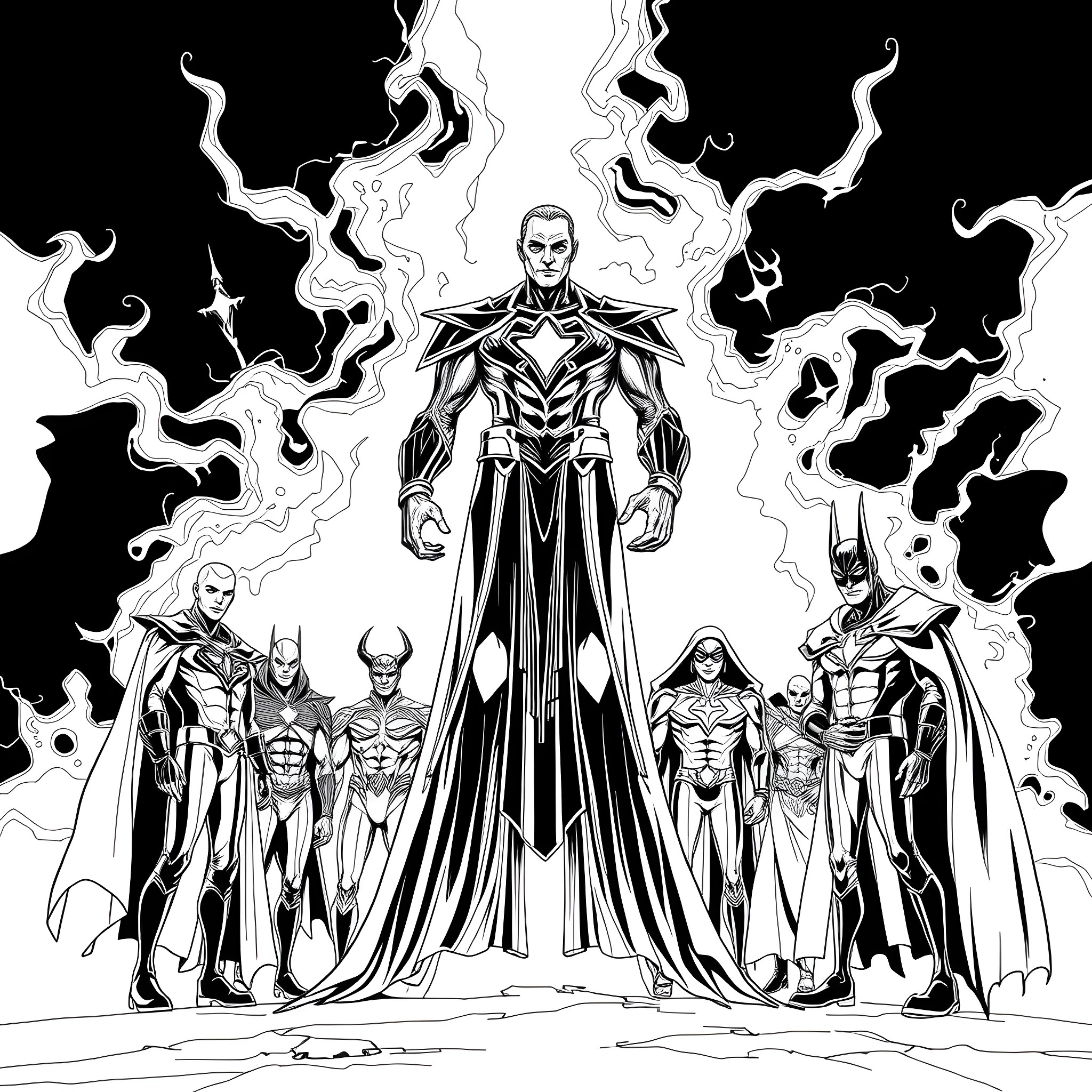 Cyrus Gold and the Assembled Super Heroes Coloring Page (free black-and-white line drawing printable PDF for all, from beginners to advanced learners, including children, teens, adults, and seniors)