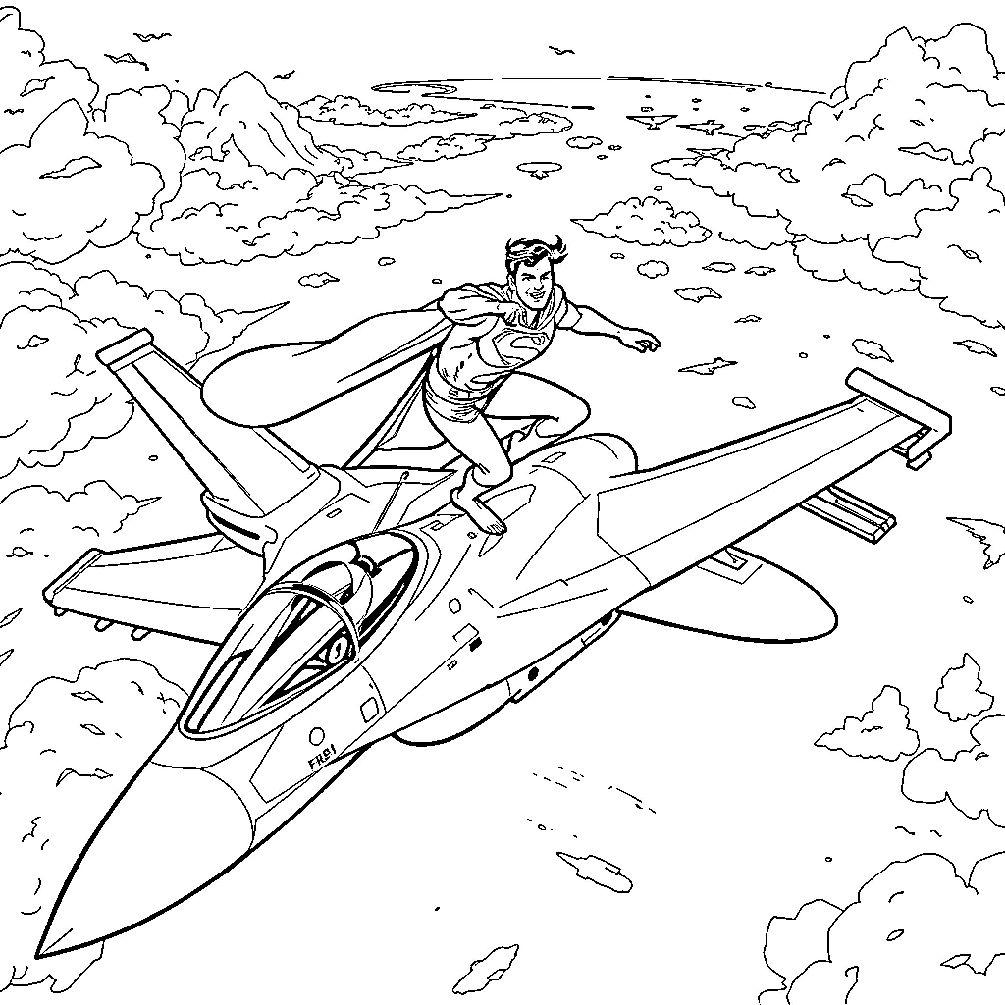 Superman soaring through the skies in a jet Coloring Page (free black-and-white line drawing printable PDF for all, from beginners to advanced learners, including children, teens, adults, and seniors)