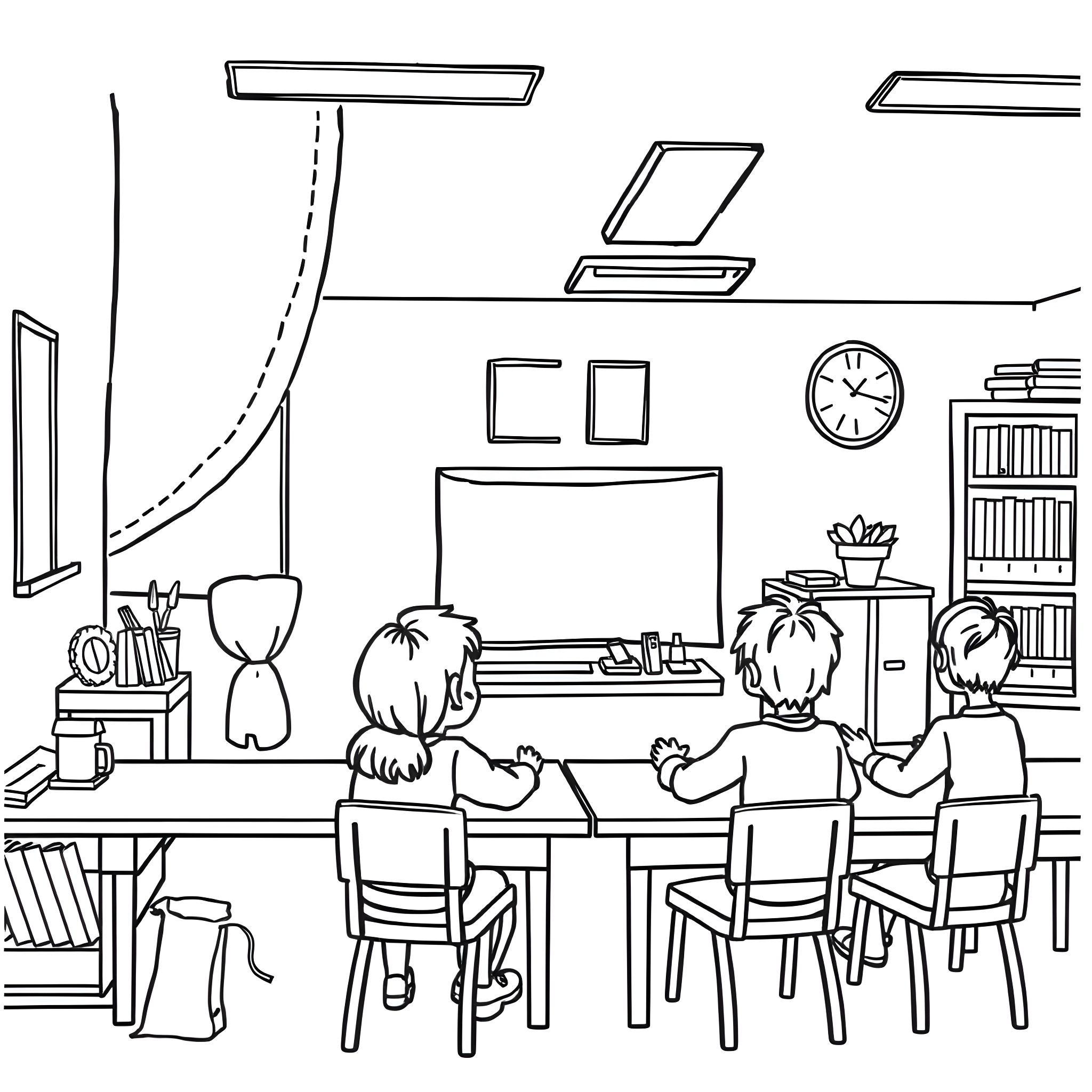 Grade School Students Learning in Classroom Coloring Page (free black-and-white line drawing printable PDF for all, from beginners to advanced learners, including children, teens, adults, and seniors)