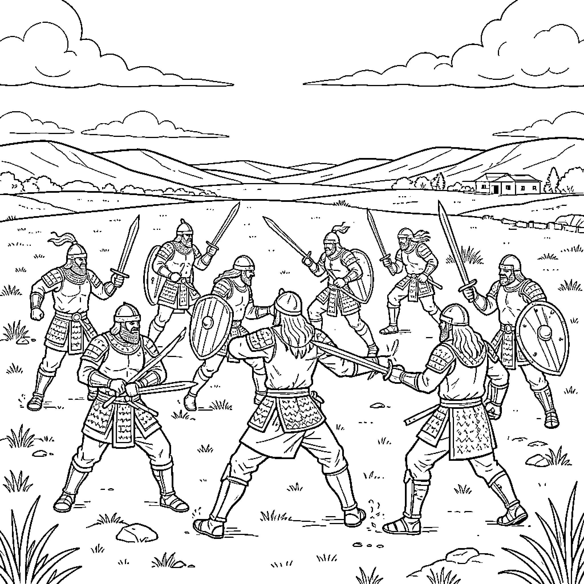 Dragon Ball Z style warriors engaged in a battle Coloring Page (free black-and-white line drawing printable PDF for all, from beginners to advanced learners, including children, teens, adults, and seniors)