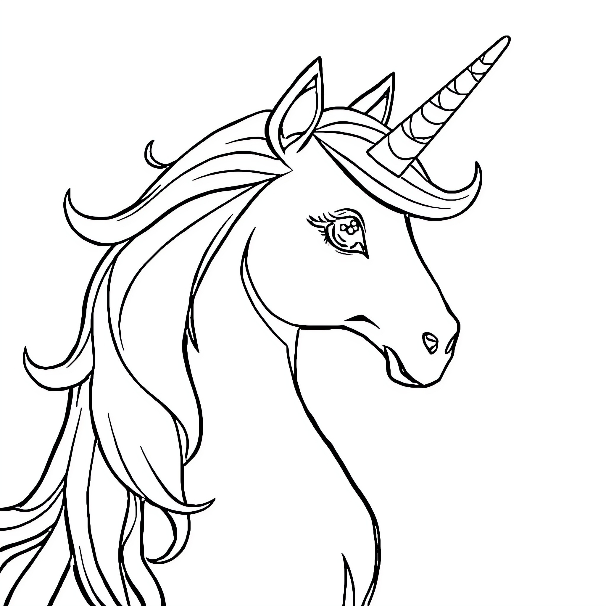 Unicorn with flowing mane and horn Coloring Page (free black-and-white line drawing printable PDF for all, from beginners to advanced learners, including children, teens, adults, and seniors)