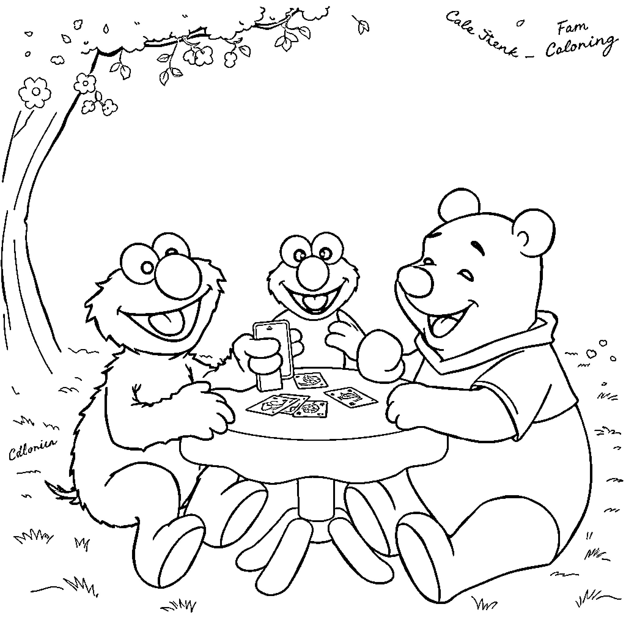 Elmo and friends enjoying a picnic together Coloring Page (free black-and-white line drawing printable PDF for all, from beginners to advanced learners, including children, teens, adults, and seniors)