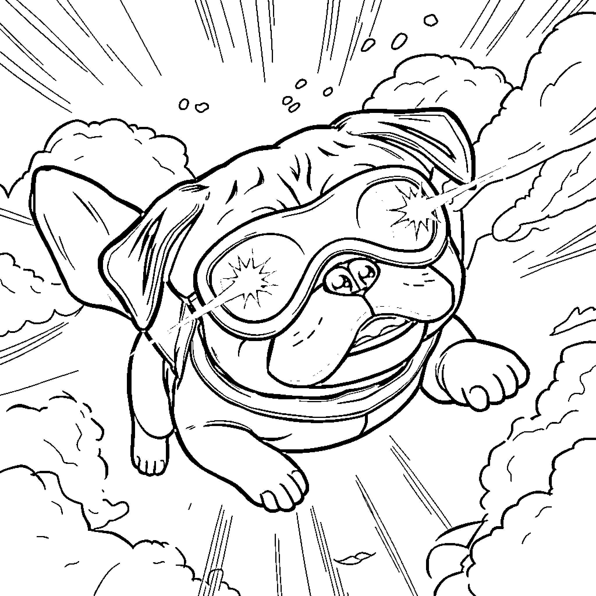 Pug Soaring Through Dramatic Skies Coloring Page (free black-and-white line drawing printable PDF for all, from beginners to advanced learners, including children, teens, adults, and seniors)