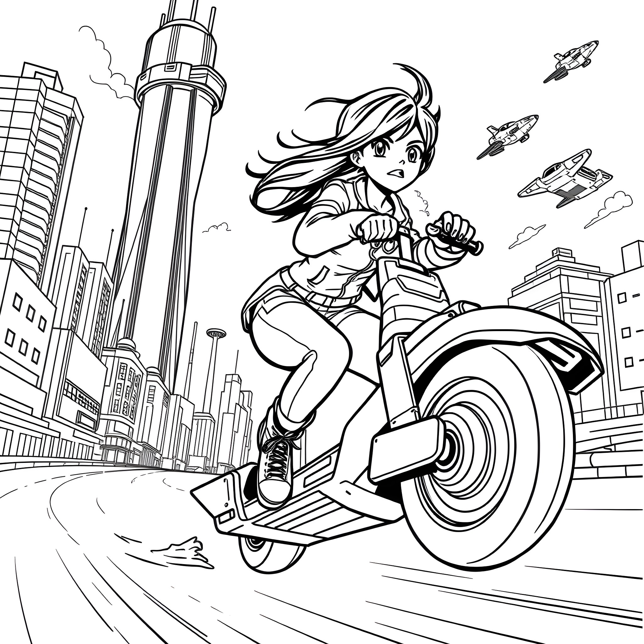 Gogo Tomago riding a high-speed hoverboard through the city Coloring Page (free black-and-white line drawing printable PDF for all, from beginners to advanced learners, including children, teens, adults, and seniors)