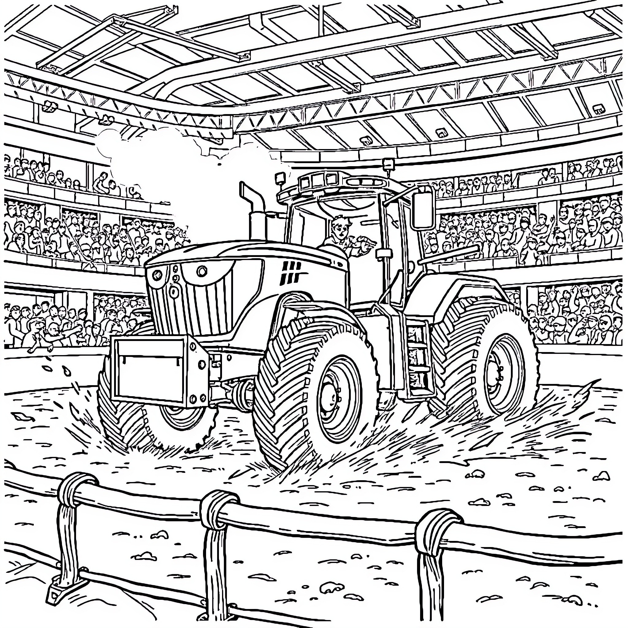 John Deere Tractor Showcased in Stadium Coloring Page (free black-and-white line drawing printable PDF for all, from beginners to advanced learners, including children, teens, adults, and seniors)