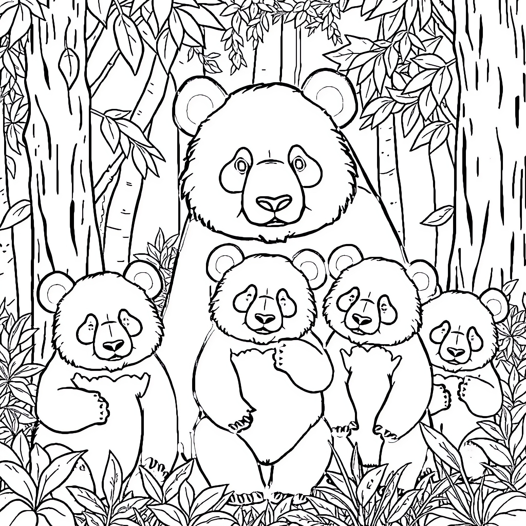 Panda family playing in the forest Coloring Page (free black-and-white line drawing printable PDF for all, from beginners to advanced learners, including children, teens, adults, and seniors)