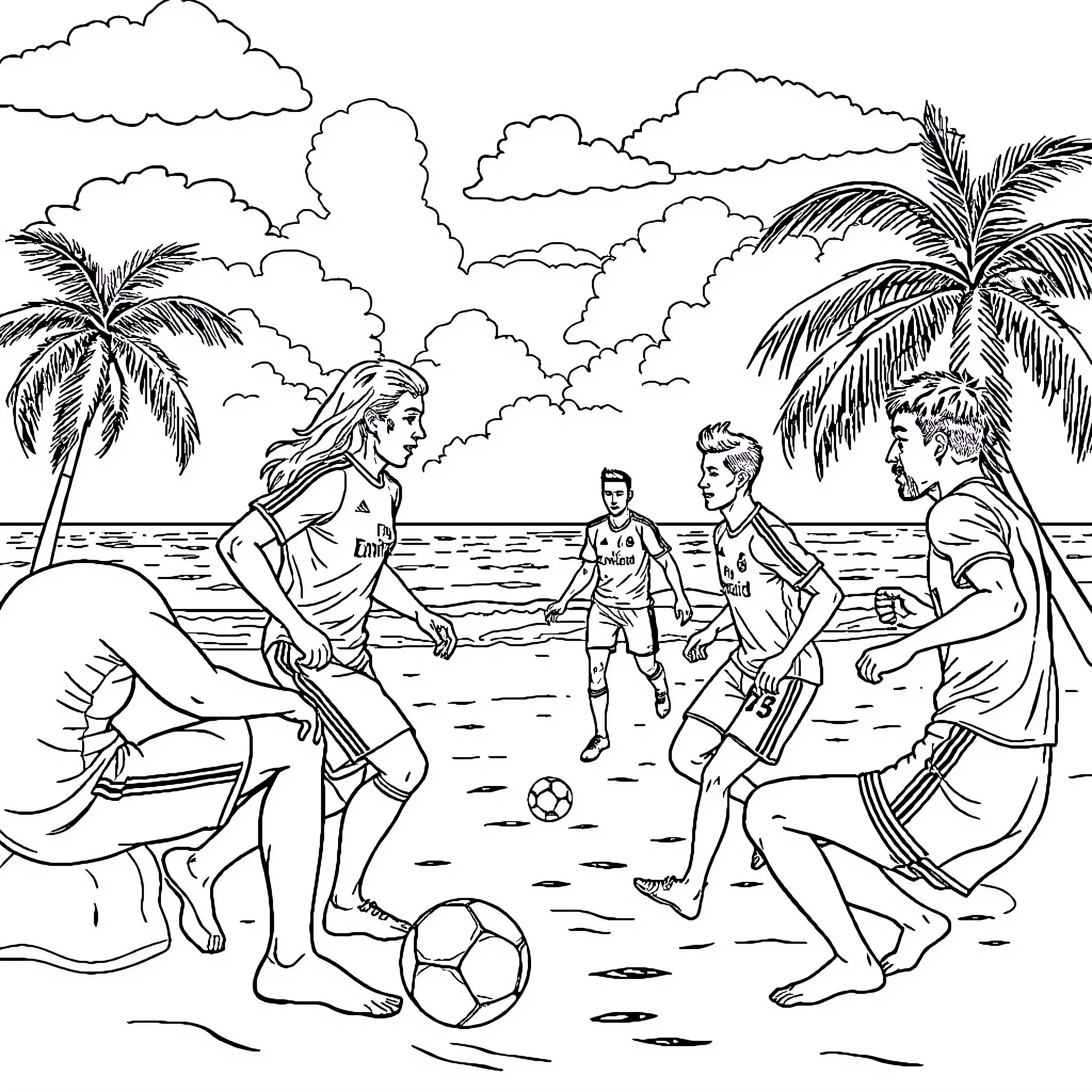 Real Madrid players enjoying beach soccer with friends Coloring Page (free black-and-white line drawing printable PDF for all, from beginners to advanced learners, including children, teens, adults, and seniors)