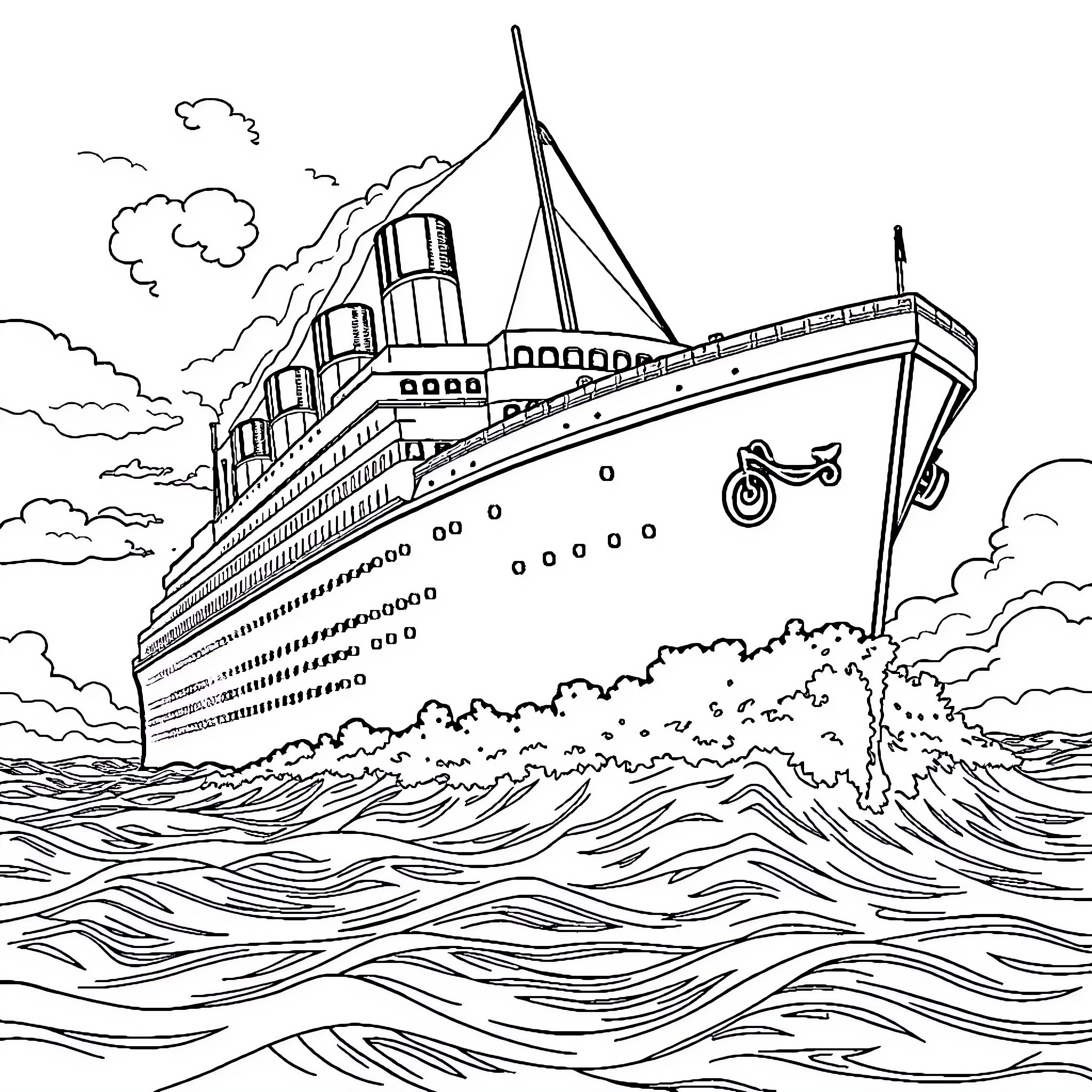 Titanic Cruise Ship Sailing Across Waves Coloring Page (free black-and-white line drawing printable PDF for all, from beginners to advanced learners, including children, teens, adults, and seniors)