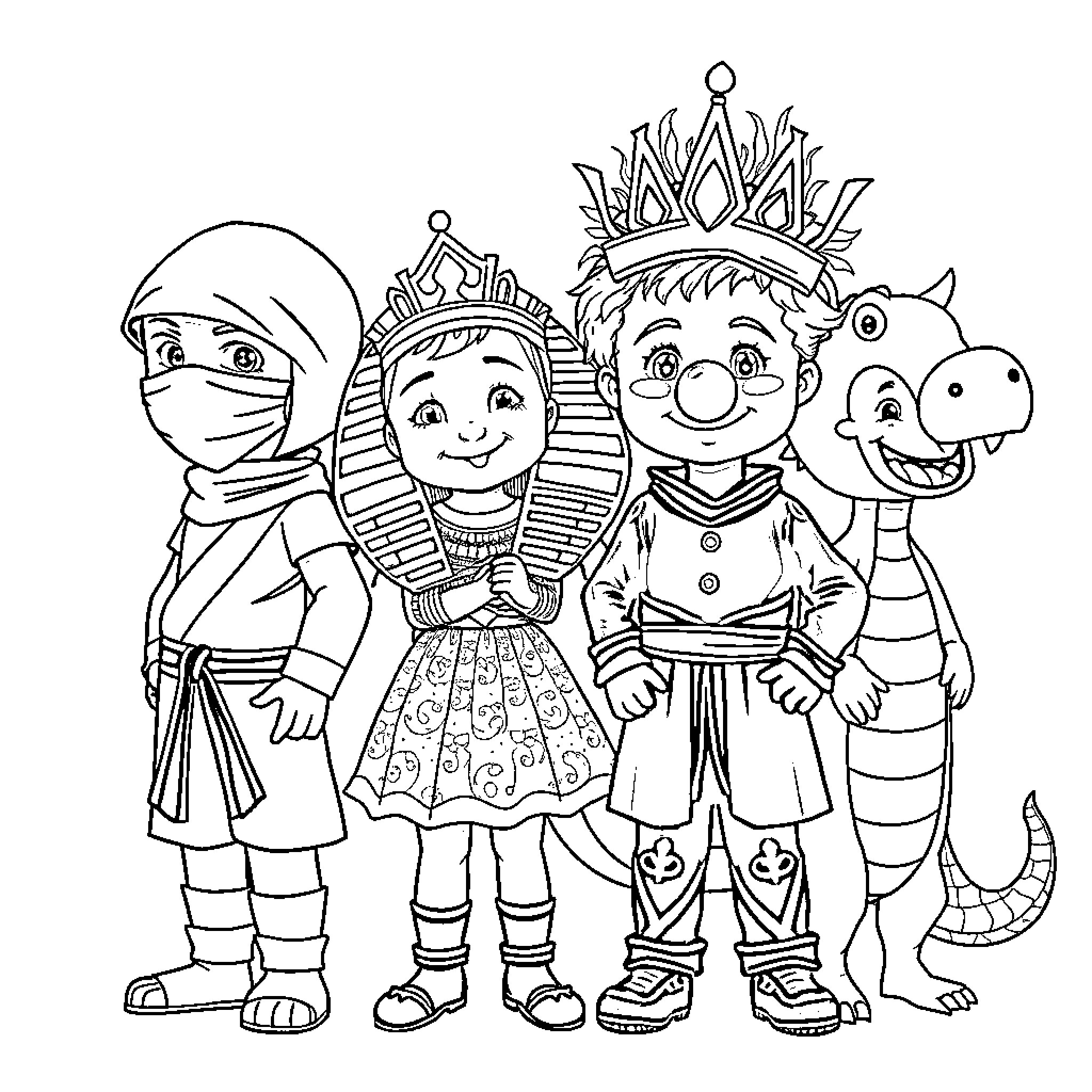 Child in Costume and Fancy Dress Parade Coloring Page (free black-and-white line drawing printable PDF for all, from beginners to advanced learners, including children, teens, adults, and seniors)
