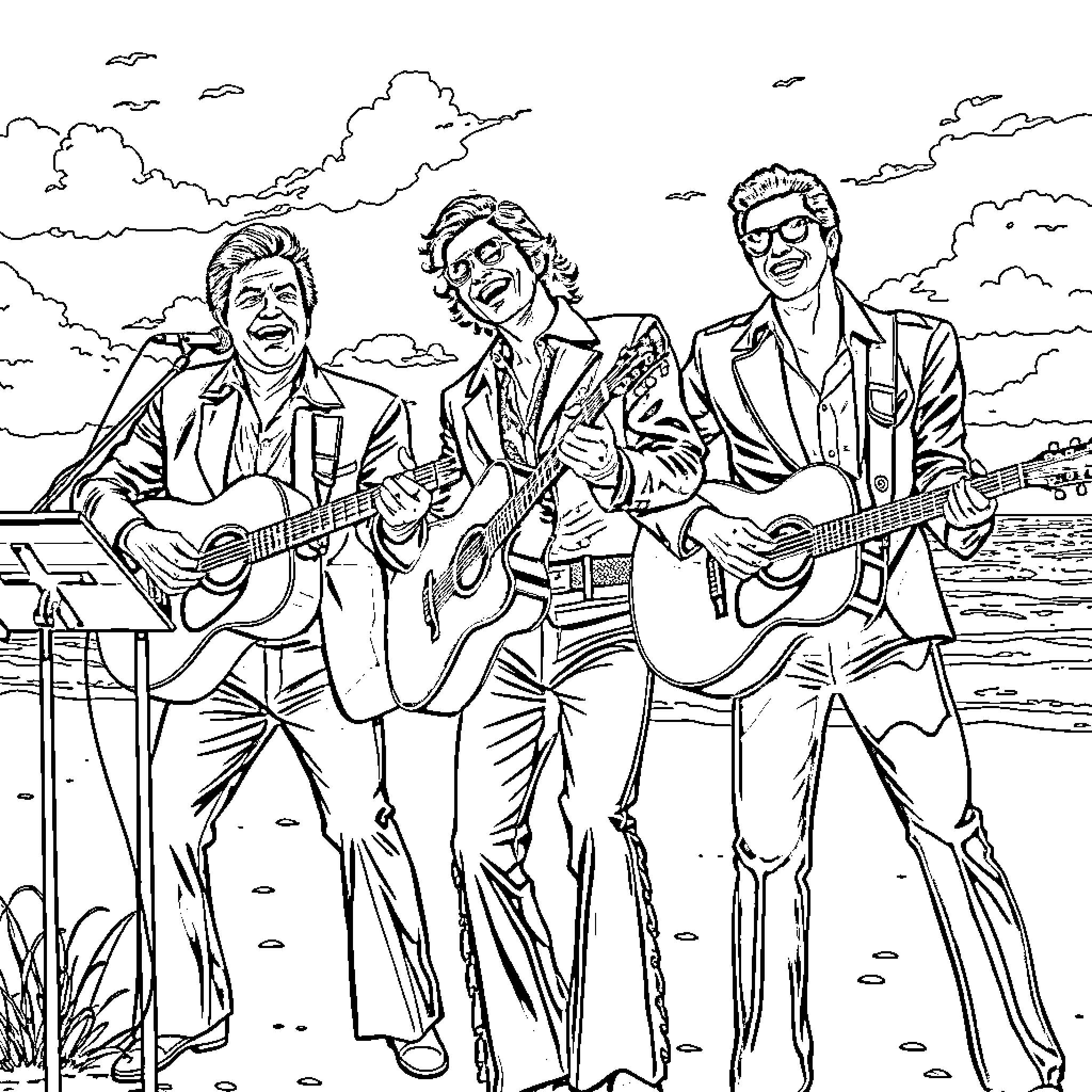 Johnny Cash and Friends Performing Music by the Lake Coloring Page (free black-and-white line drawing printable PDF for all, from beginners to advanced learners, including children, teens, adults, and seniors)