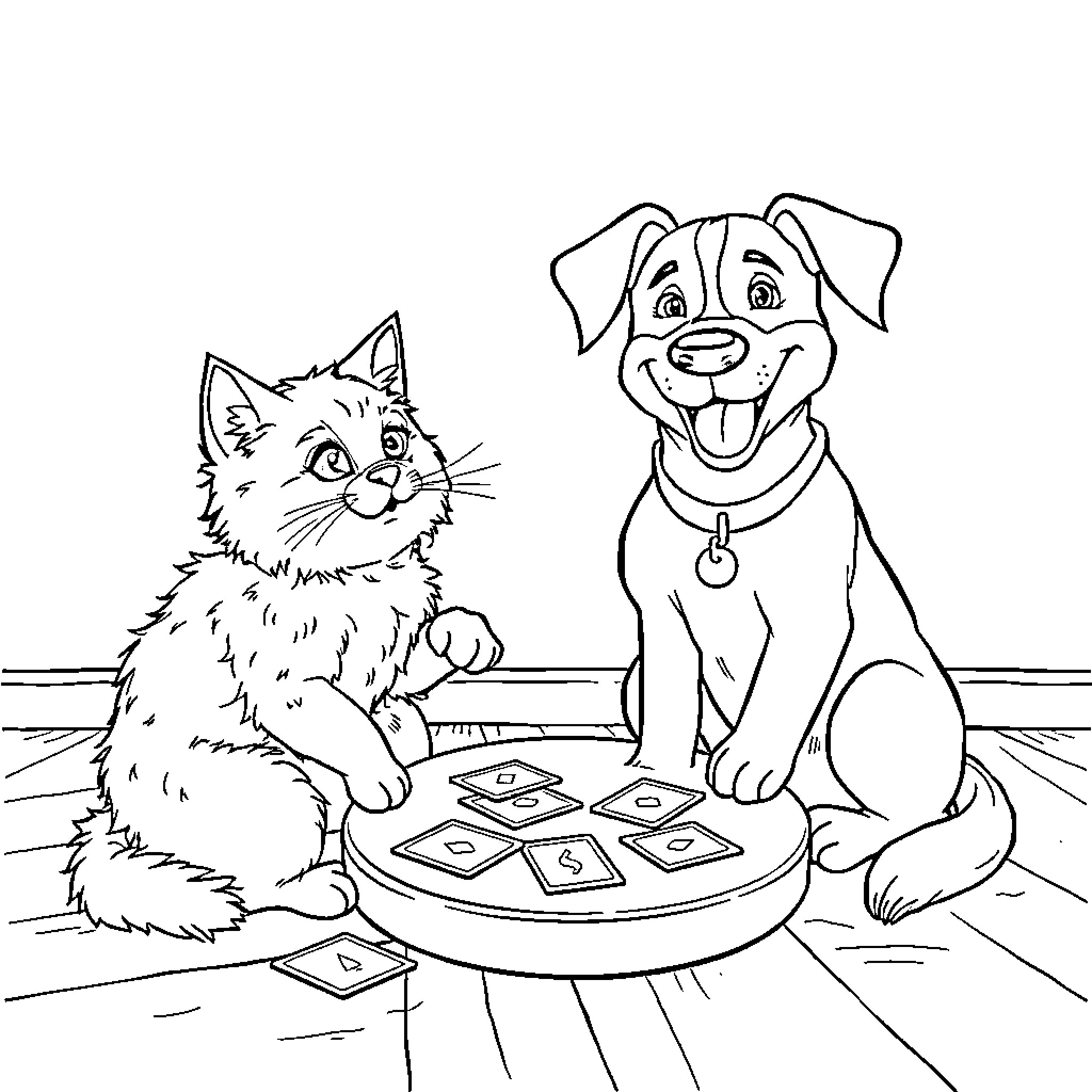 Cat and Dog Playing Card Game Together Coloring Page (free black-and-white line drawing printable PDF for all, from beginners to advanced learners, including children, teens, adults, and seniors)