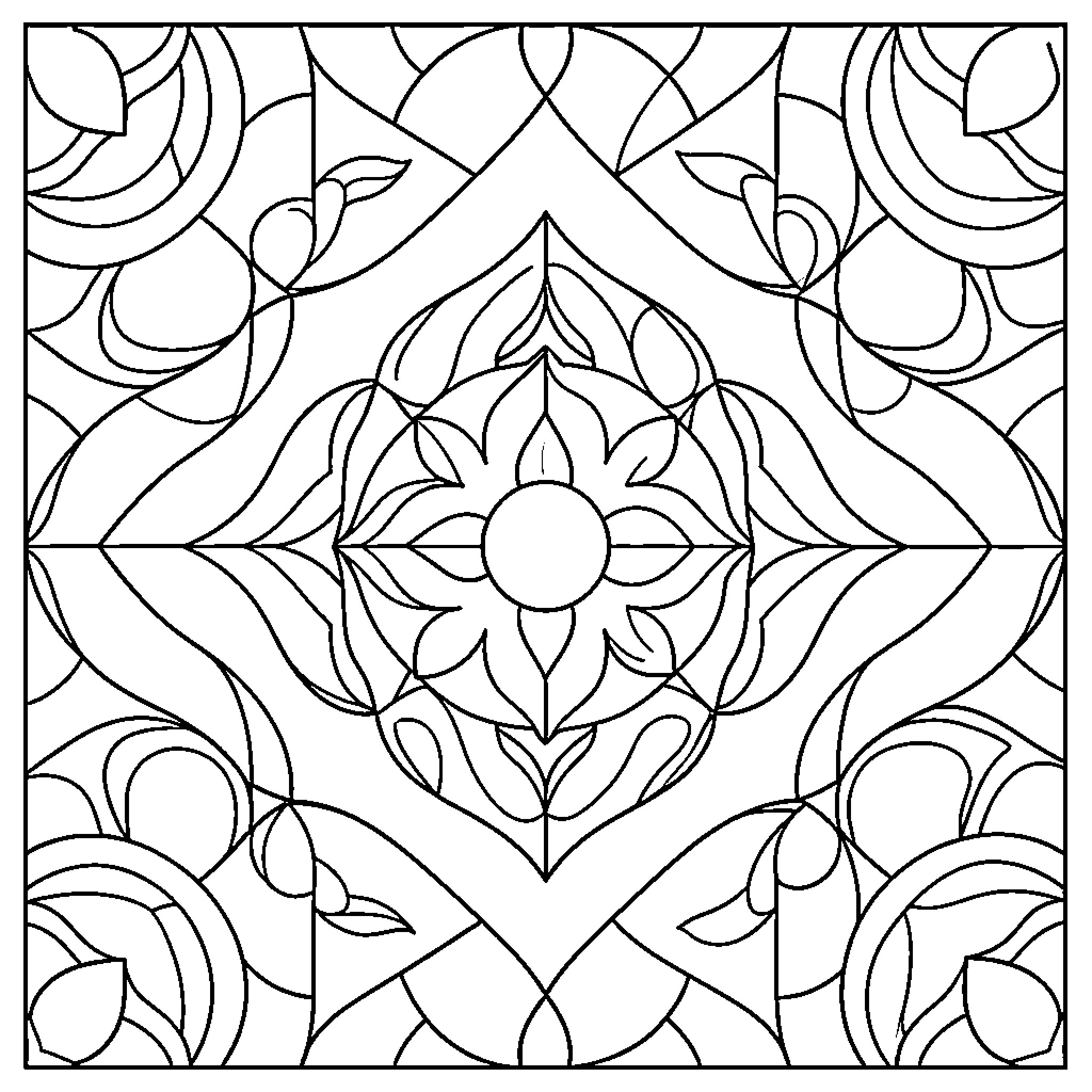 Geometric Pattern with Floral Motifs Coloring Page (free black-and-white line drawing printable PDF for all, from beginners to advanced learners, including children, teens, adults, and seniors)