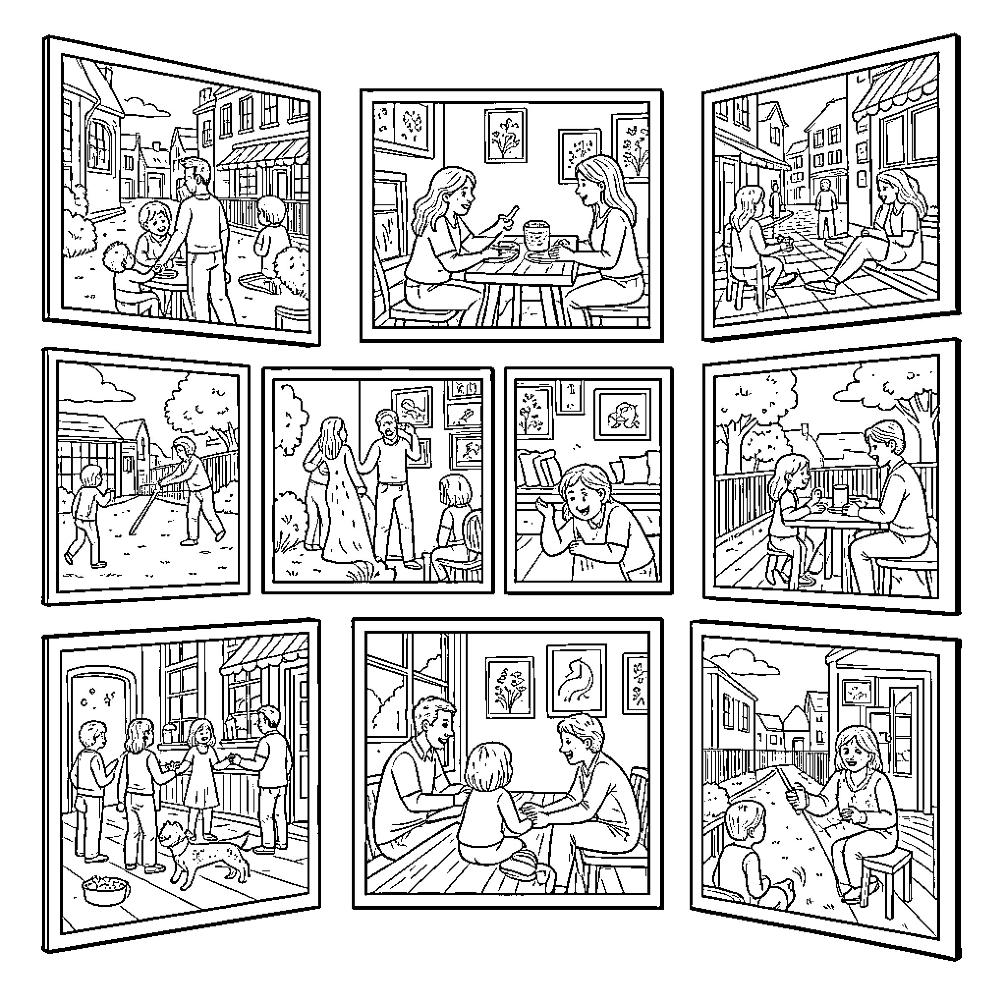 Picture showing various family scenes and daily activities Coloring Page (free black-and-white line drawing printable PDF for all, from beginners to advanced learners, including children, teens, adults, and seniors)