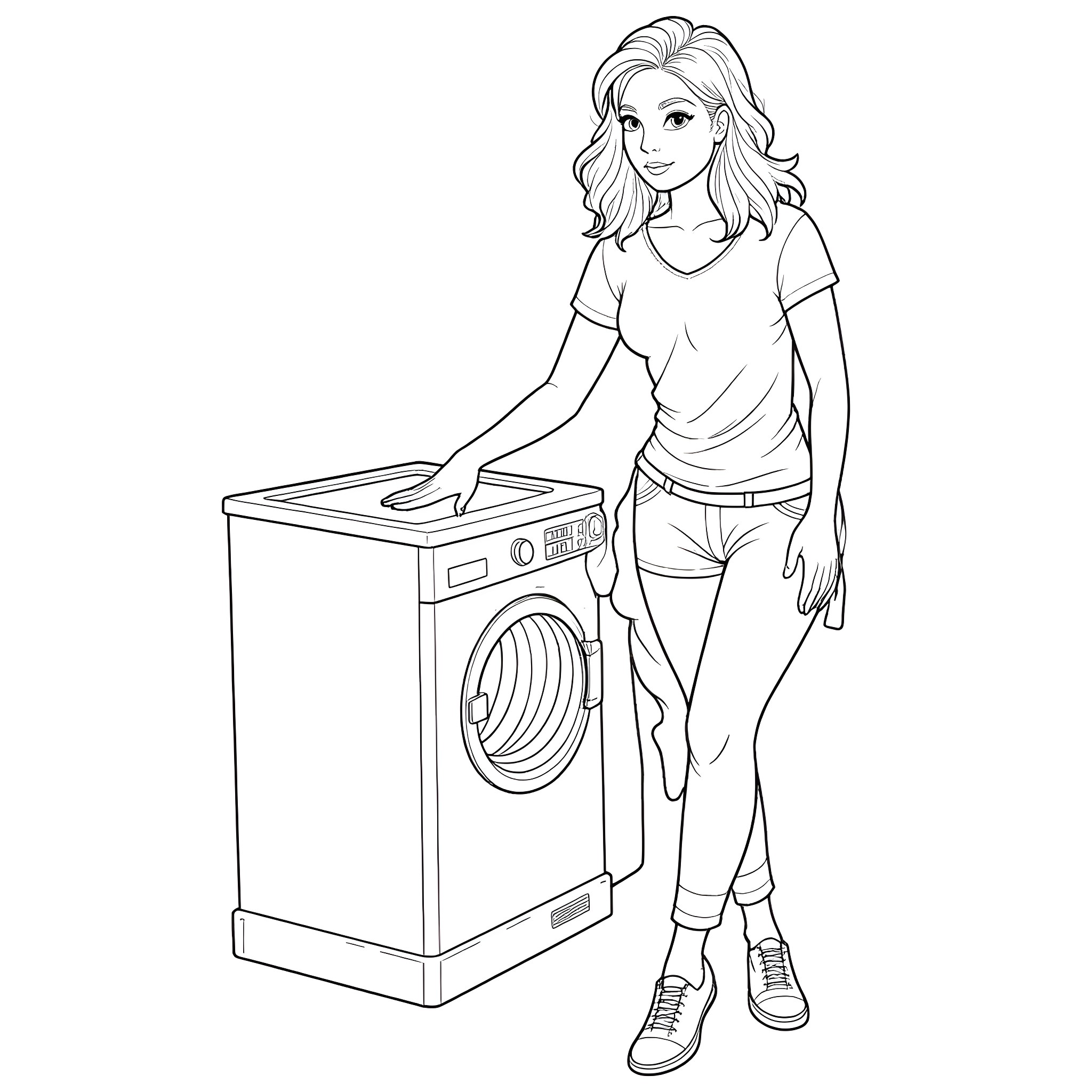 Pam Anderson doing laundry Coloring Page (free black-and-white line drawing printable PDF for all, from beginners to advanced learners, including children, teens, adults, and seniors)