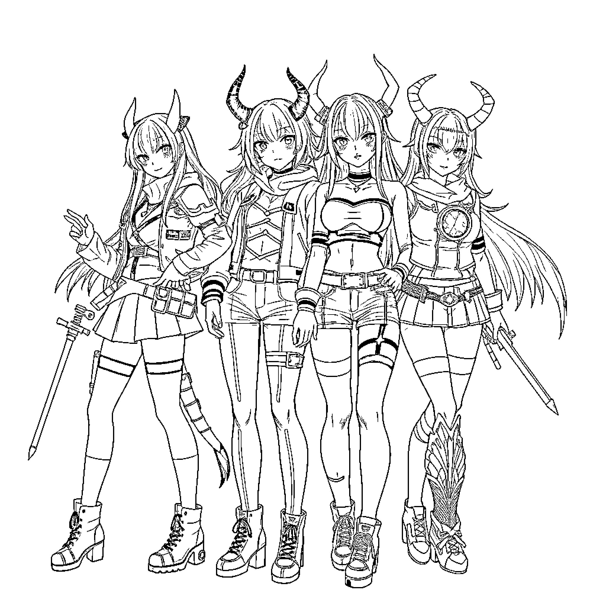 Katseye: Anime-inspired fantasy women in battle gear Coloring Page (free black-and-white line drawing printable PDF for all, from beginners to advanced learners, including children, teens, adults, and seniors)