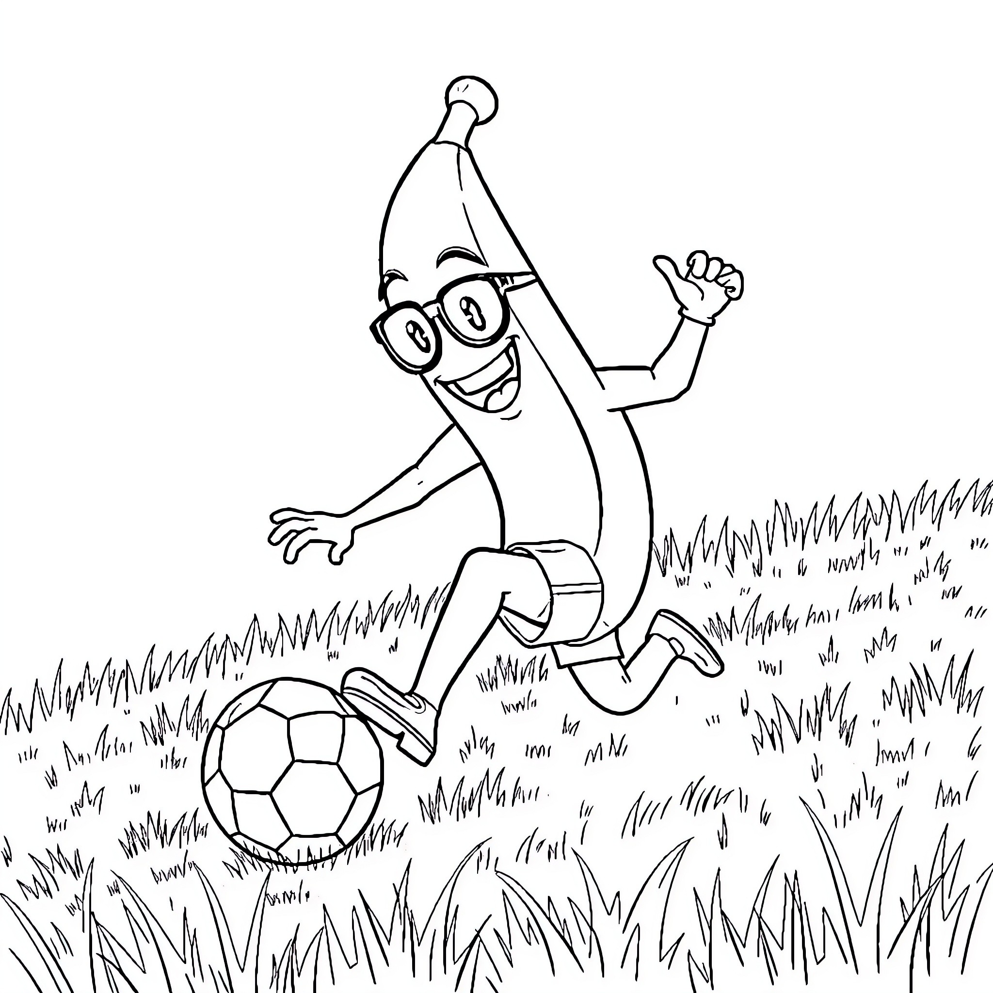 Peely playing happily with soccer ball in field Coloring Page (free black-and-white line drawing printable PDF for all, from beginners to advanced learners, including children, teens, adults, and seniors)