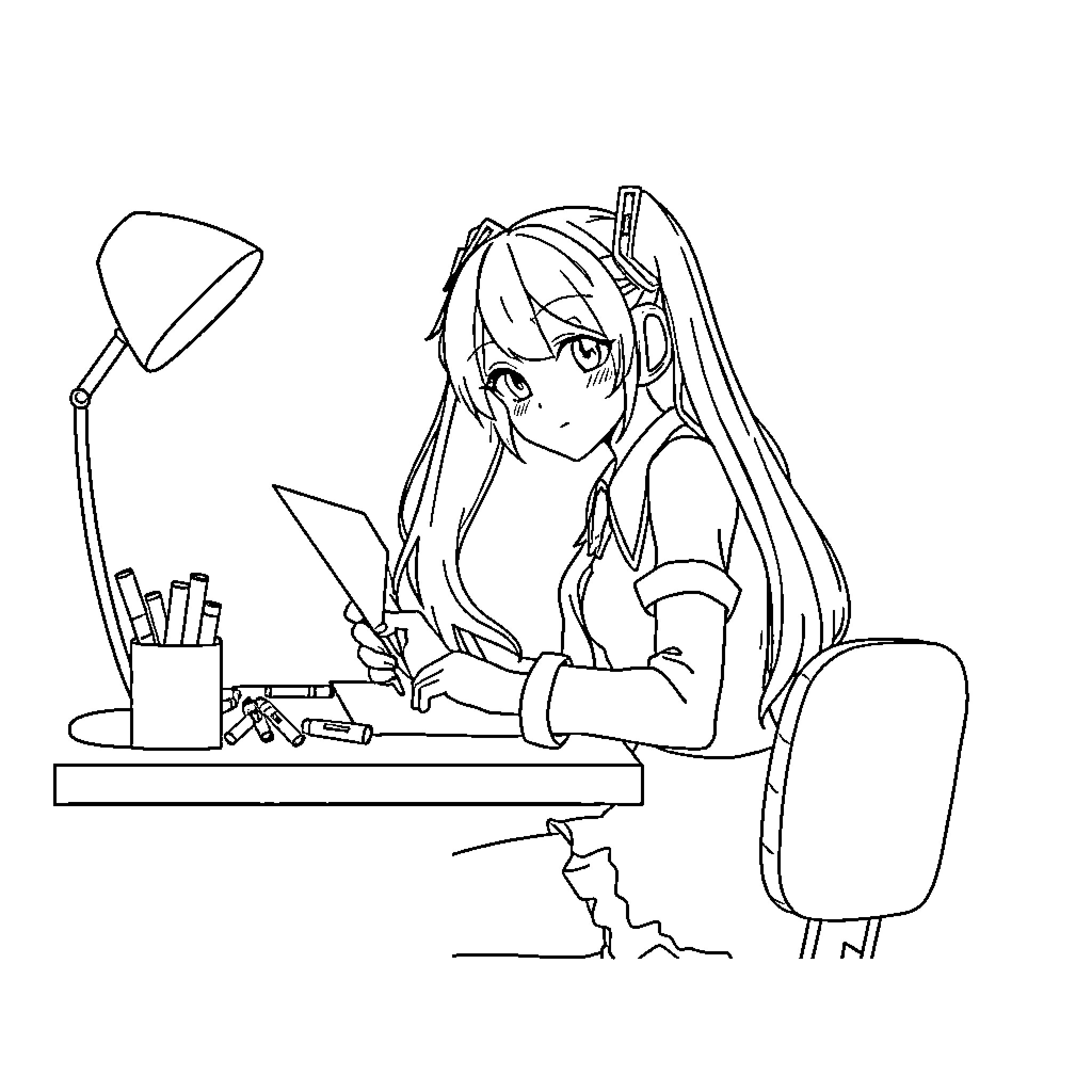 Miku working diligently at her desk Coloring Page (free black-and-white line drawing printable PDF for all, from beginners to advanced learners, including children, teens, adults, and seniors)