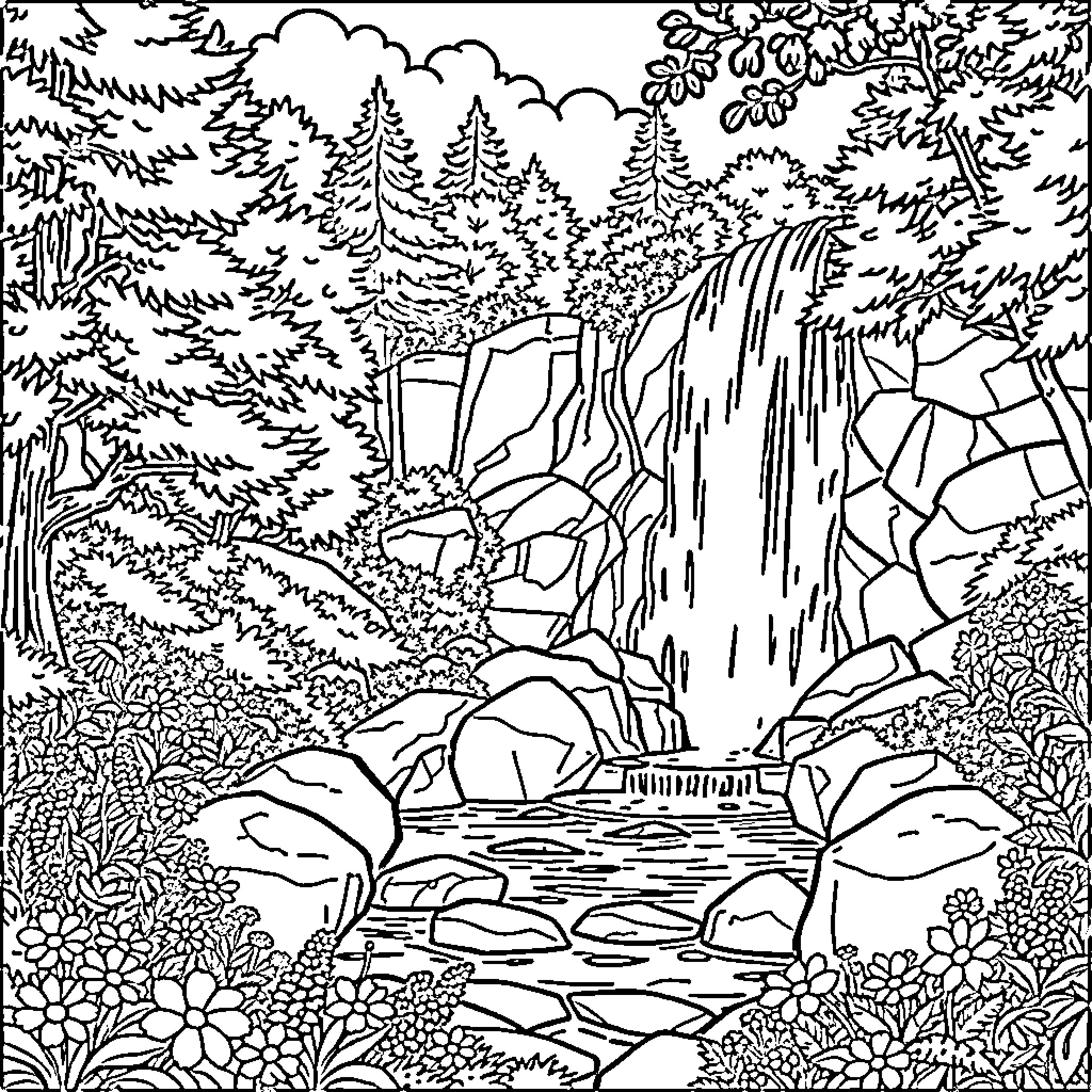 Waterfall in lush forest landscape Coloring Page (free black-and-white line drawing printable PDF for all, from beginners to advanced learners, including children, teens, adults, and seniors)