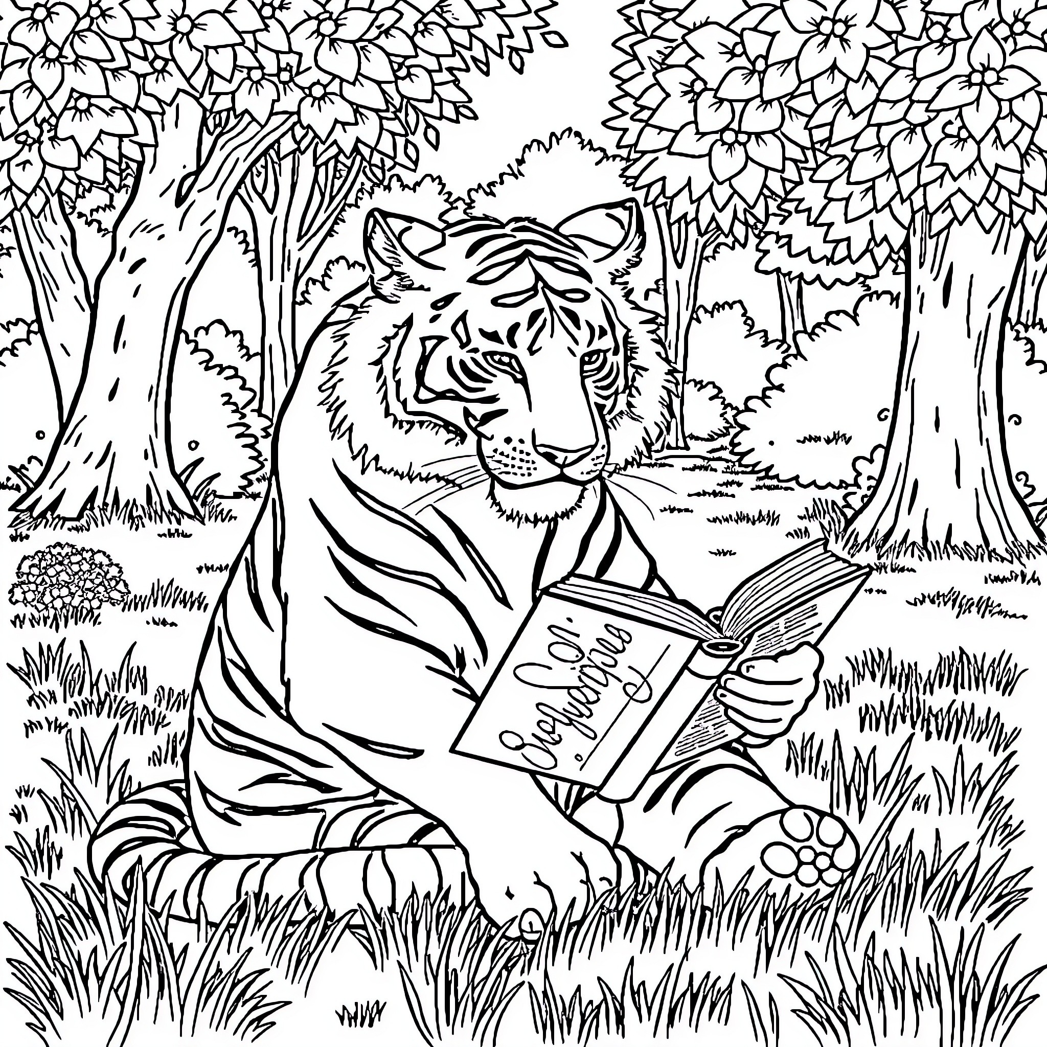 Tiger reading a book in the forest Coloring Page (free black-and-white line drawing printable PDF for all, from beginners to advanced learners, including children, teens, adults, and seniors)
