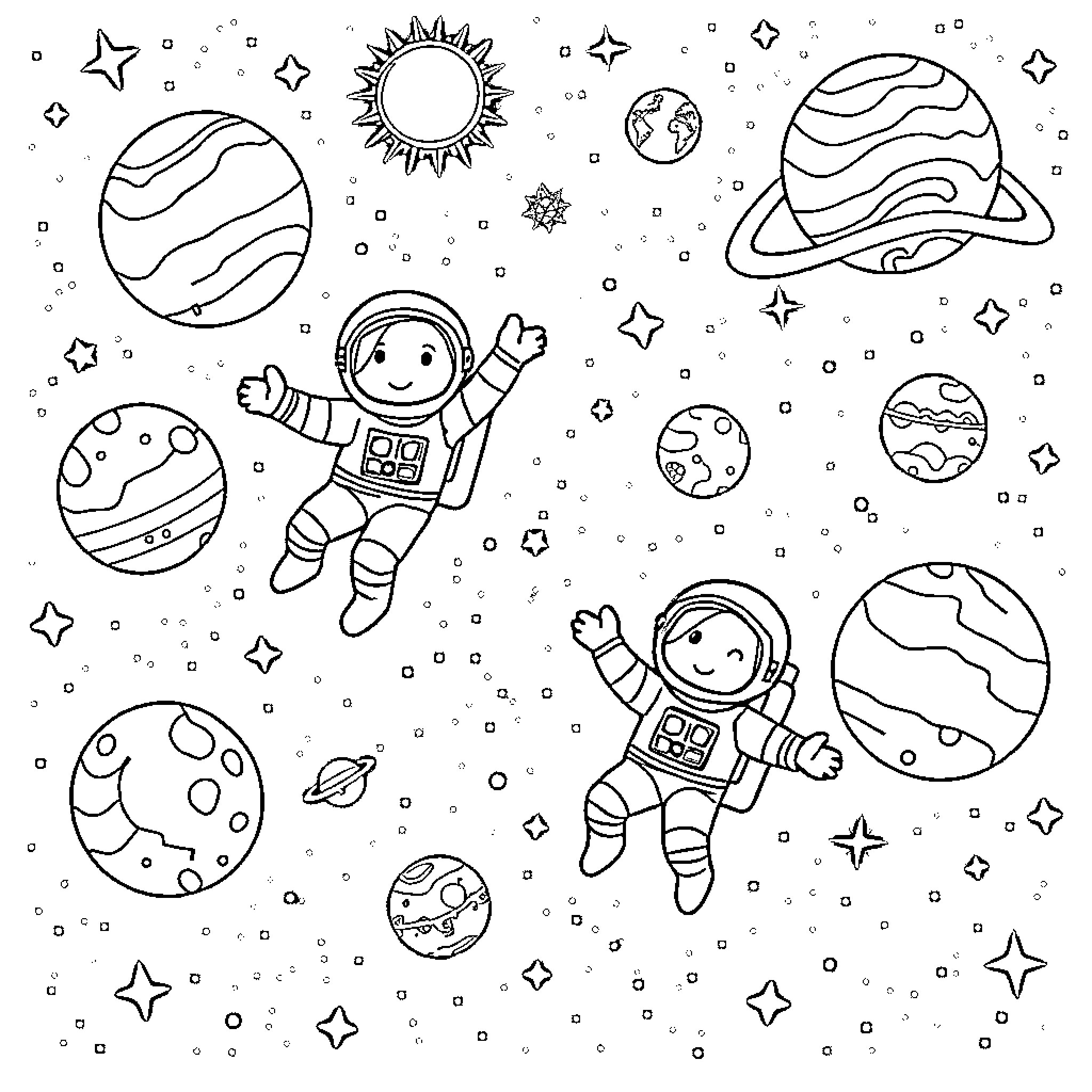 Astronauts exploring the wonders of space Coloring Page (free black-and-white line drawing printable PDF for all, from beginners to advanced learners, including children, teens, adults, and seniors)