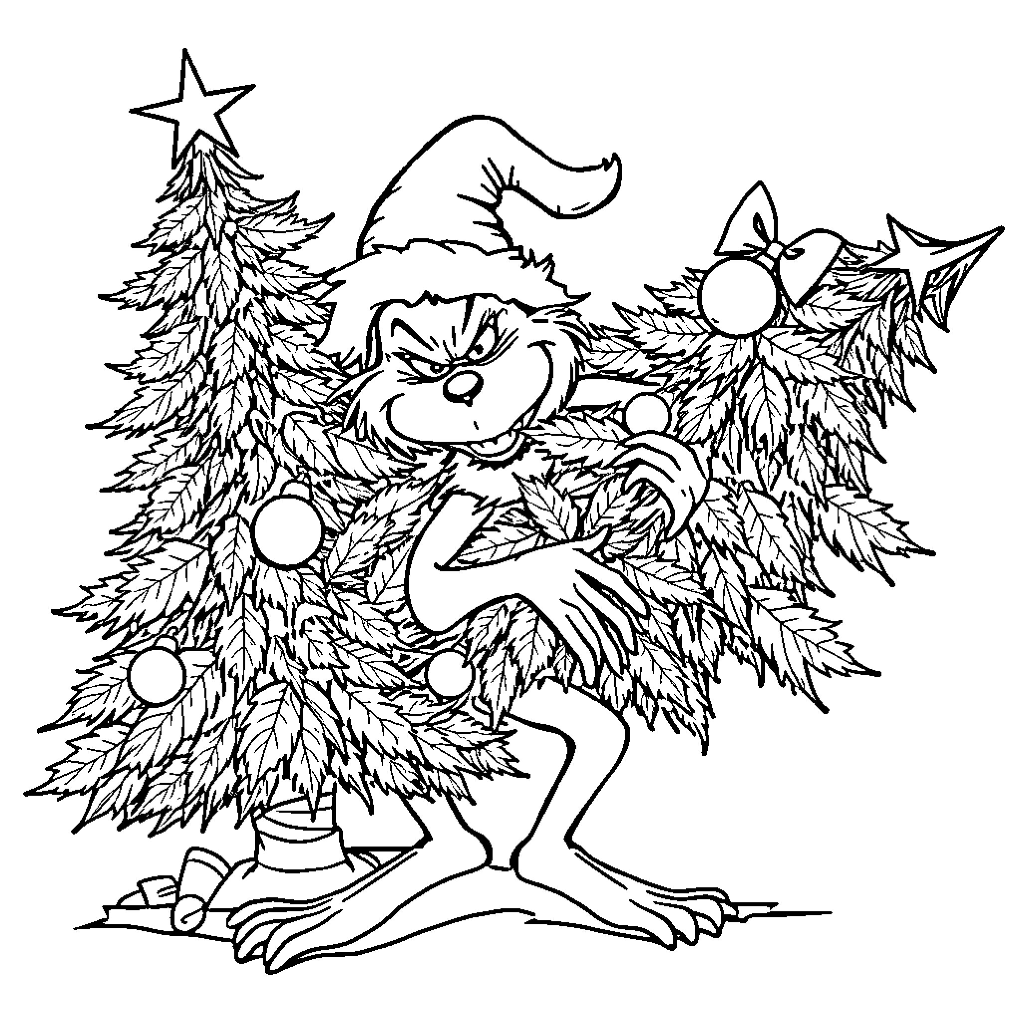 Grinch causing mischief in the Christmas forest Coloring Page (free black-and-white line drawing printable PDF for all, from beginners to advanced learners, including children, teens, adults, and seniors)