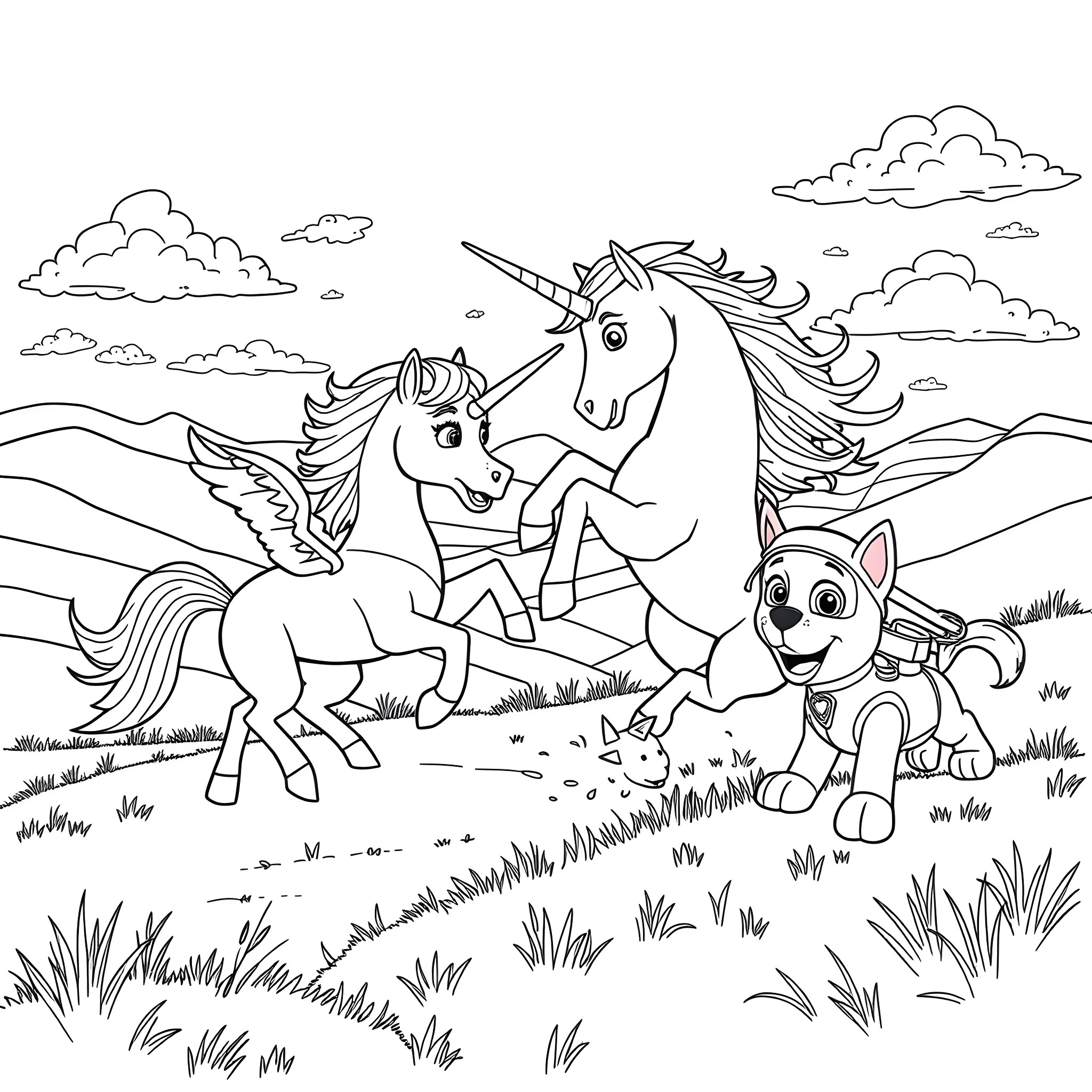 Unicorn friends playing in the meadow Coloring Page (free black-and-white line drawing printable PDF for all, from beginners to advanced learners, including children, teens, adults, and seniors)