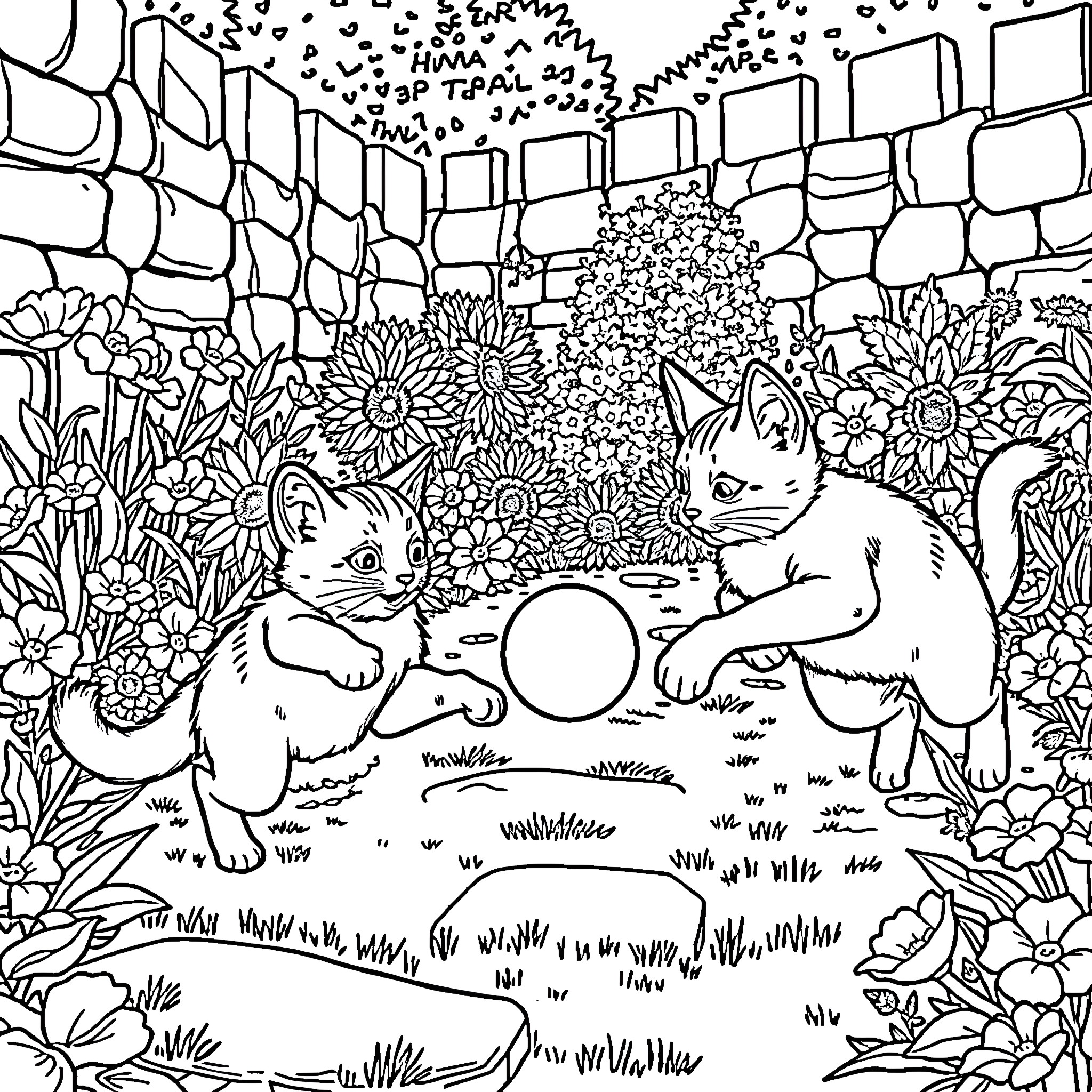 Cats Playing in the Flower Garden Coloring Page (free black-and-white line drawing printable PDF for all, from beginners to advanced learners, including children, teens, adults, and seniors)