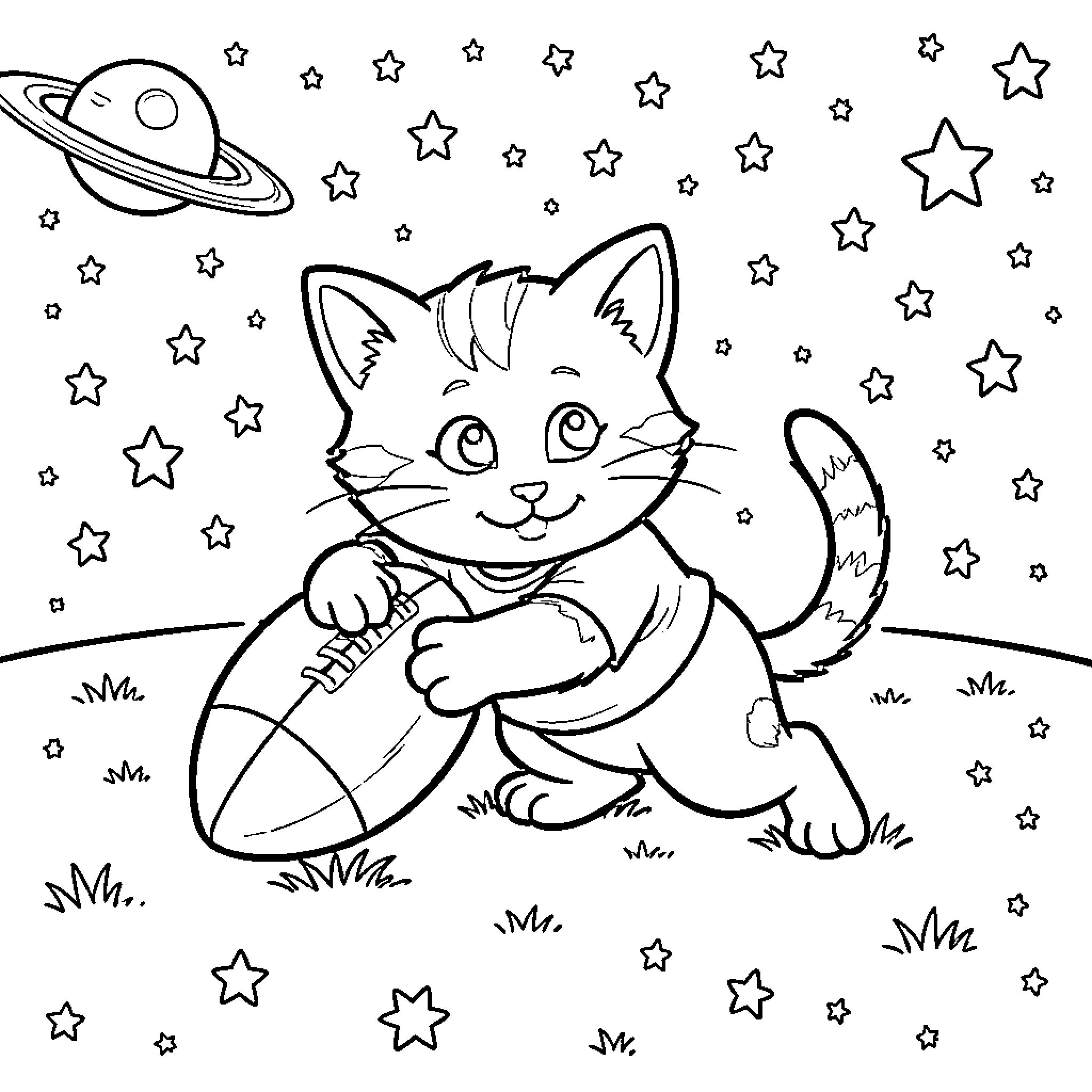 Kitten exploring the starry night sky Coloring Page (free black-and-white line drawing printable PDF for all, from beginners to advanced learners, including children, teens, adults, and seniors)