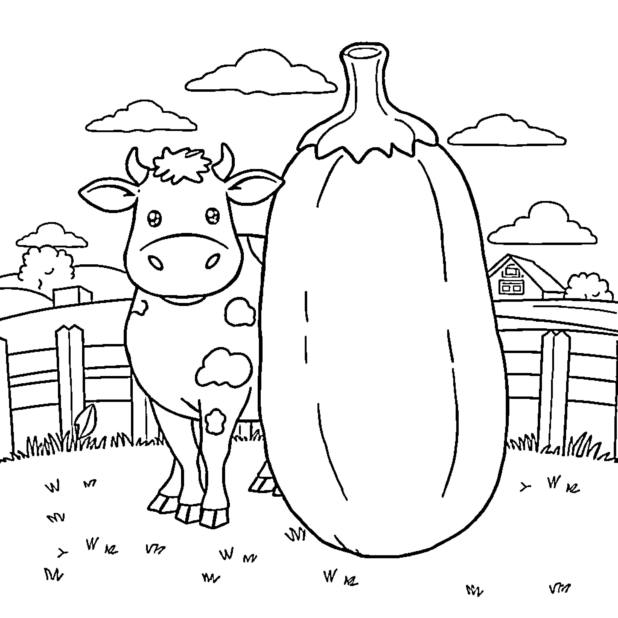 Cow standing next to a large vegetable in a rural landscape Coloring Page (free black-and-white line drawing printable PDF for all, from beginners to advanced learners, including children, teens, adults, and seniors)