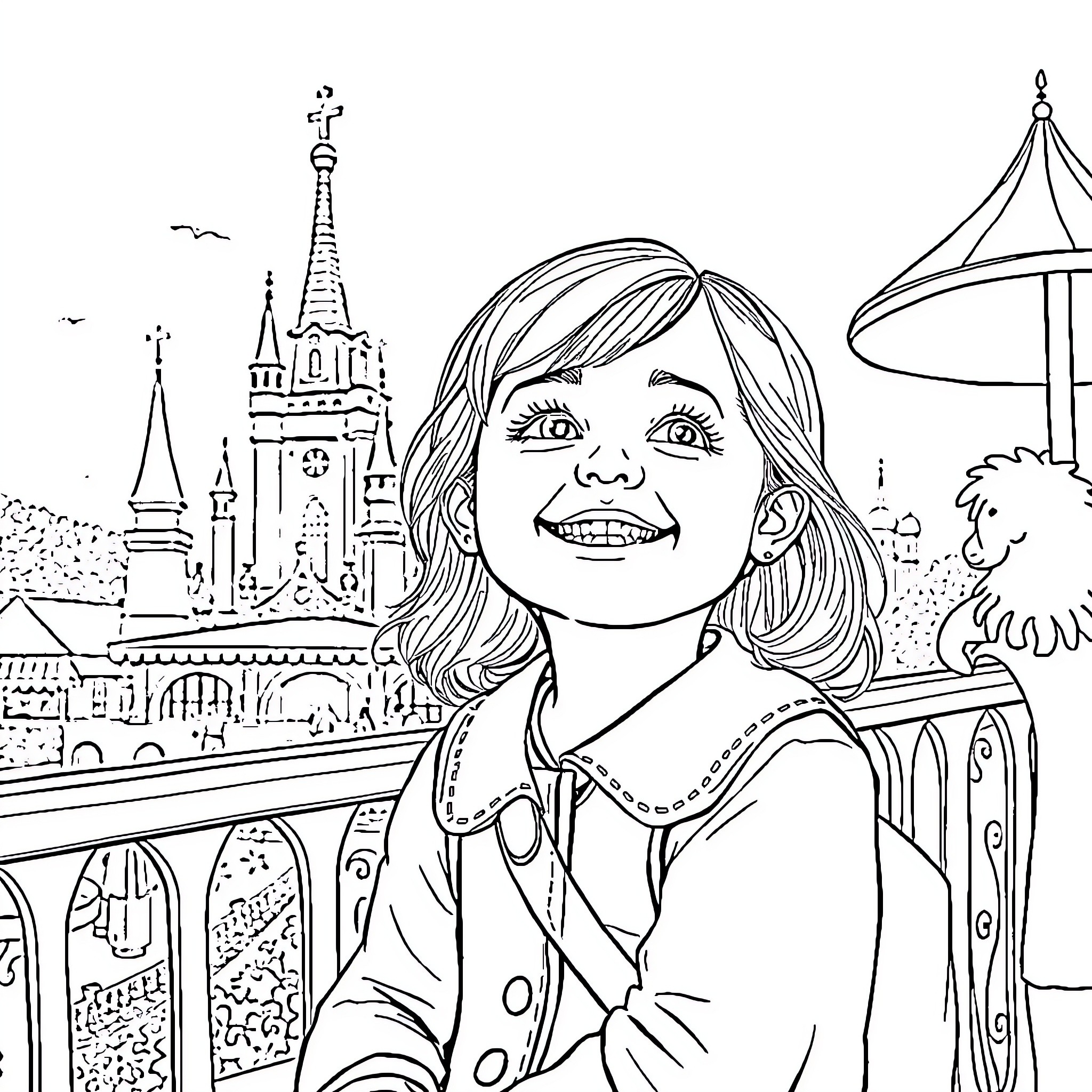Girl exploring a whimsical city scene Coloring Page (free black-and-white line drawing printable PDF for all, from beginners to advanced learners, including children, teens, adults, and seniors)
