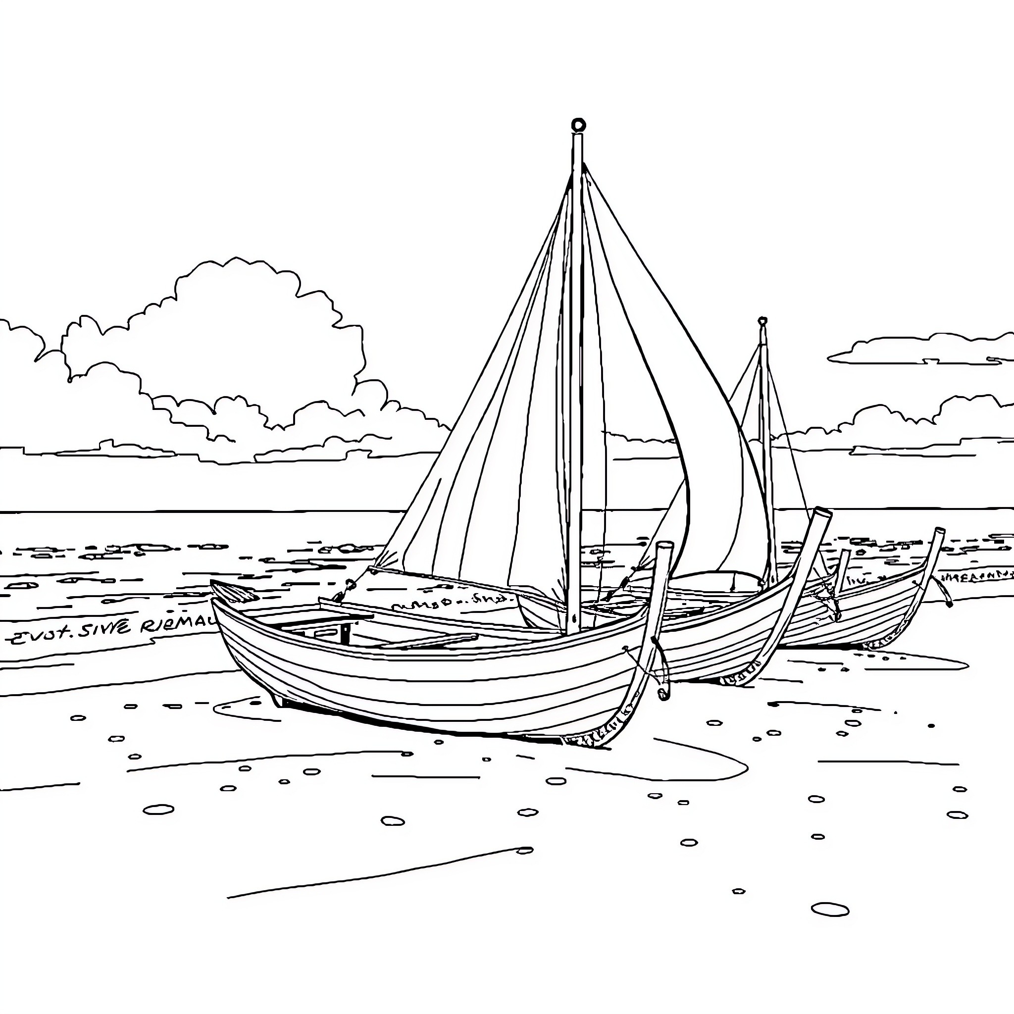 Sailboat racing on tranquil waters Coloring Page (free black-and-white line drawing printable PDF for all, from beginners to advanced learners, including children, teens, adults, and seniors)