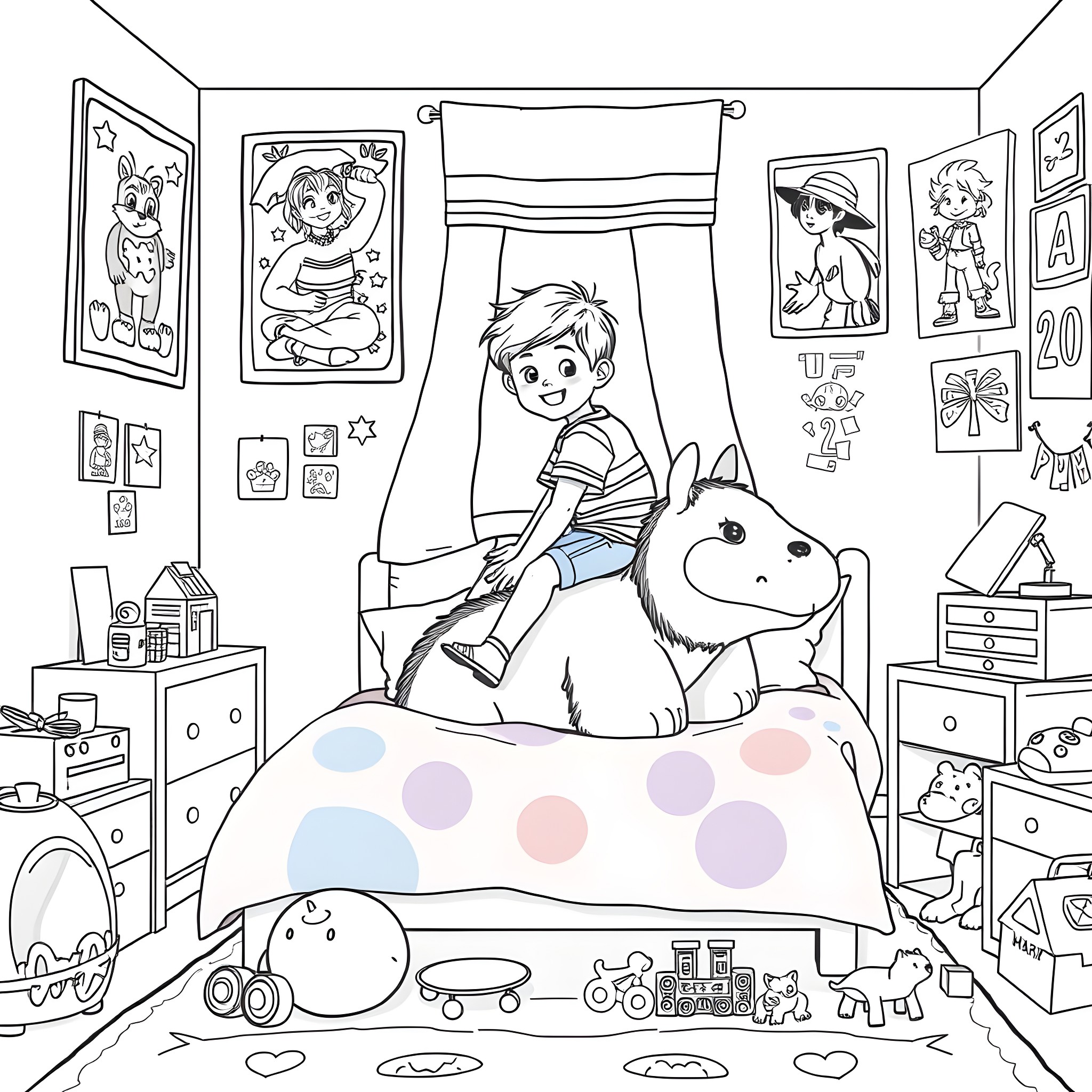 Boy playing with his pet dog in a colorful bedroom Coloring Page (free black-and-white line drawing printable PDF for all, from beginners to advanced learners, including children, teens, adults, and seniors)