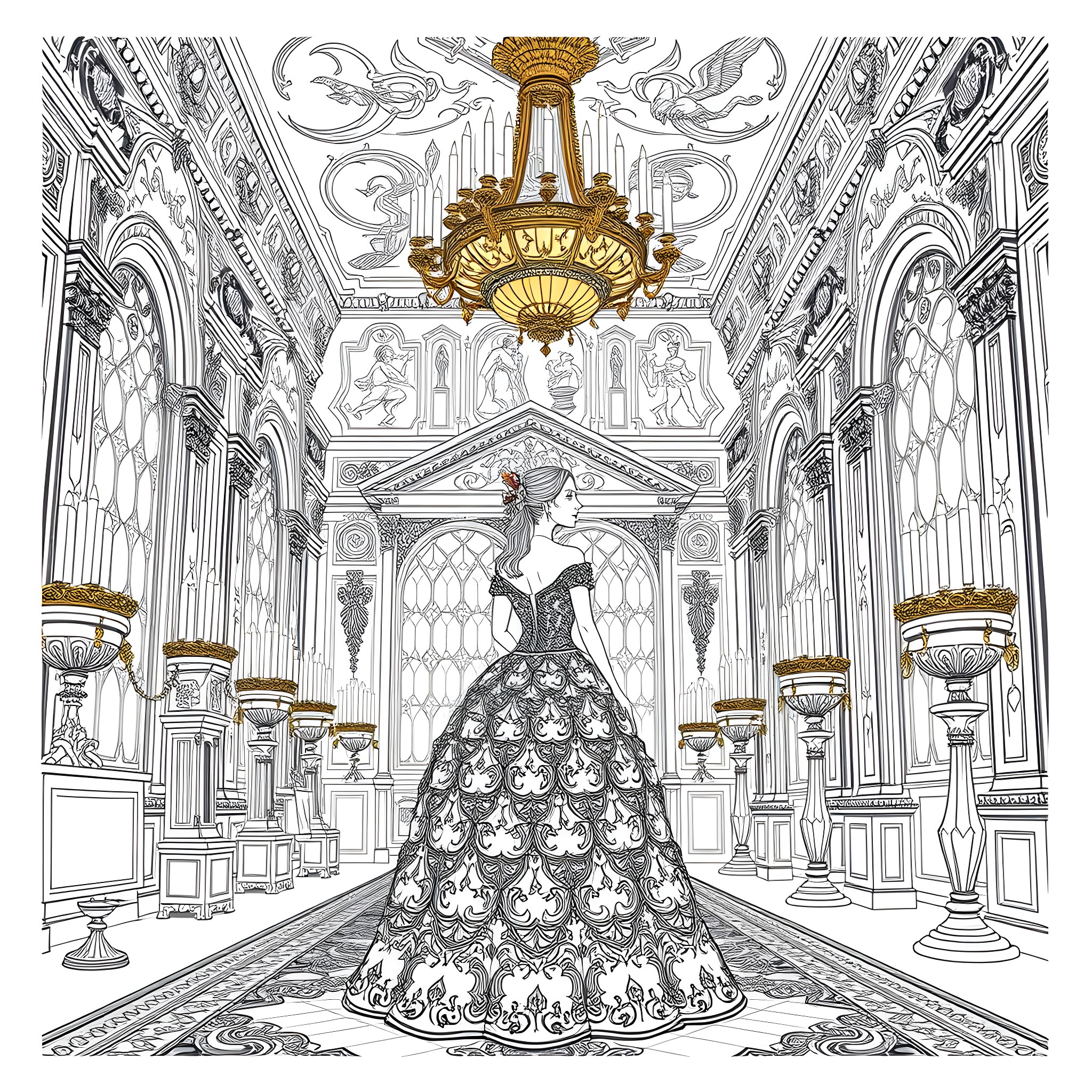 Princess in a Majestic Palace Ballroom Coloring Page (free black-and-white line drawing printable PDF for all, from beginners to advanced learners, including children, teens, adults, and seniors)