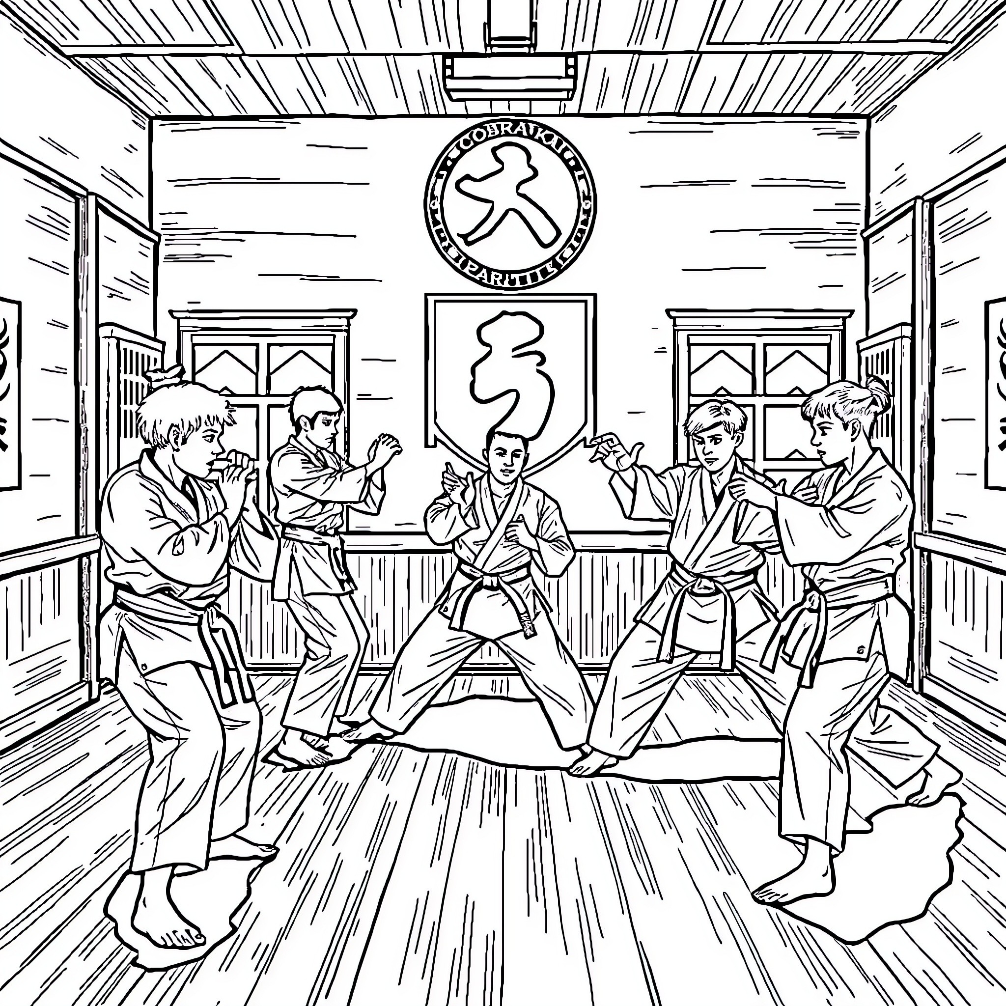 Cobra Kai students in intense martial arts training session Coloring Page (free black-and-white line drawing printable PDF for all, from beginners to advanced learners, including children, teens, adults, and seniors)
