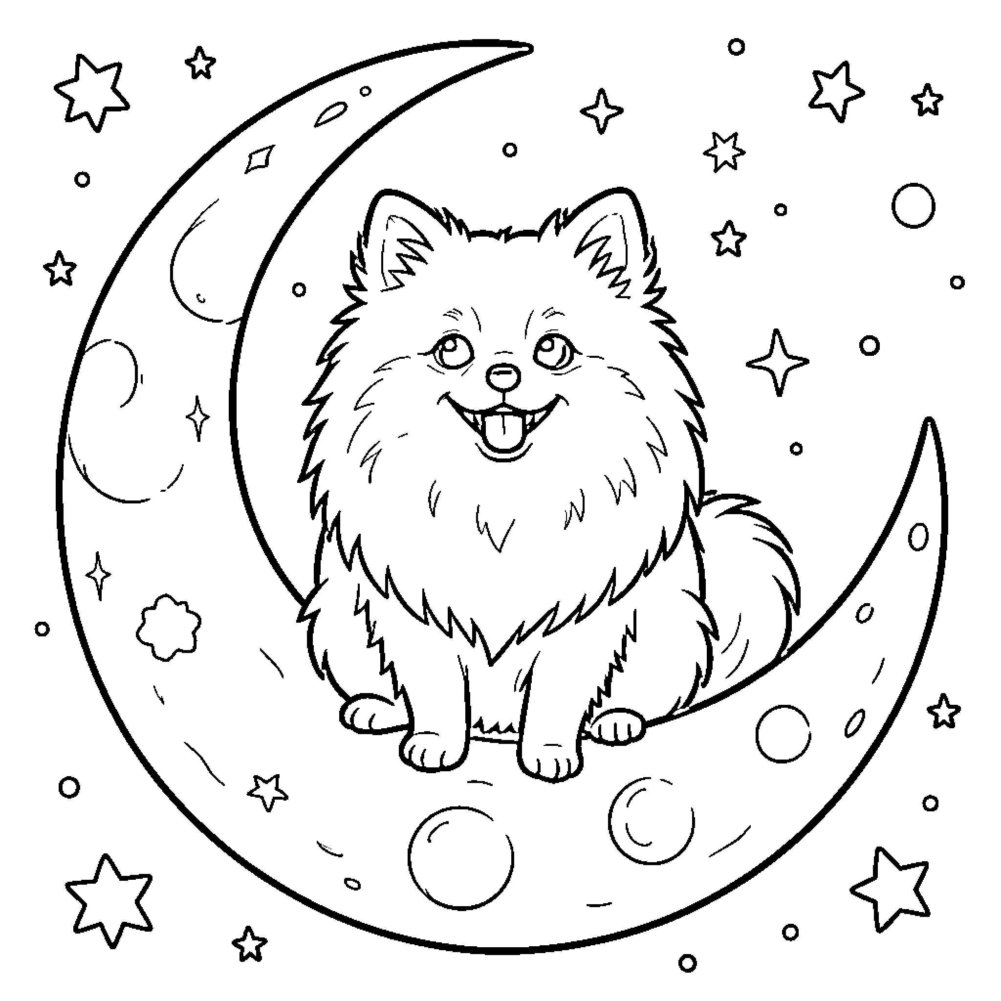 Pomeranian puppy playing on a crescent moon Coloring Page (free black-and-white line drawing printable PDF for all, from beginners to advanced learners, including children, teens, adults, and seniors)