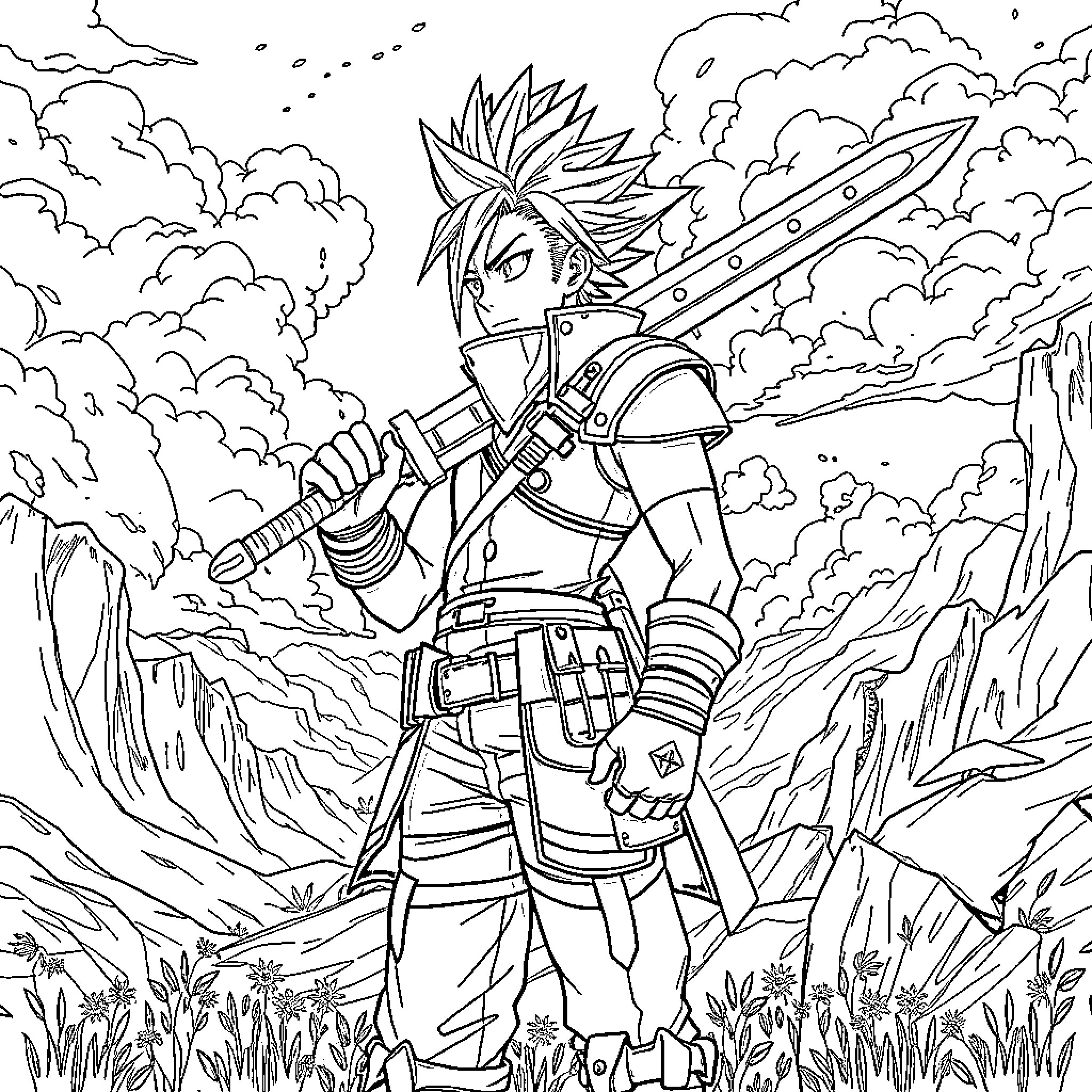 Cloud Strife in a Heroic Pose with Sword Coloring Page (free black-and-white line drawing printable PDF for all, from beginners to advanced learners, including children, teens, adults, and seniors)