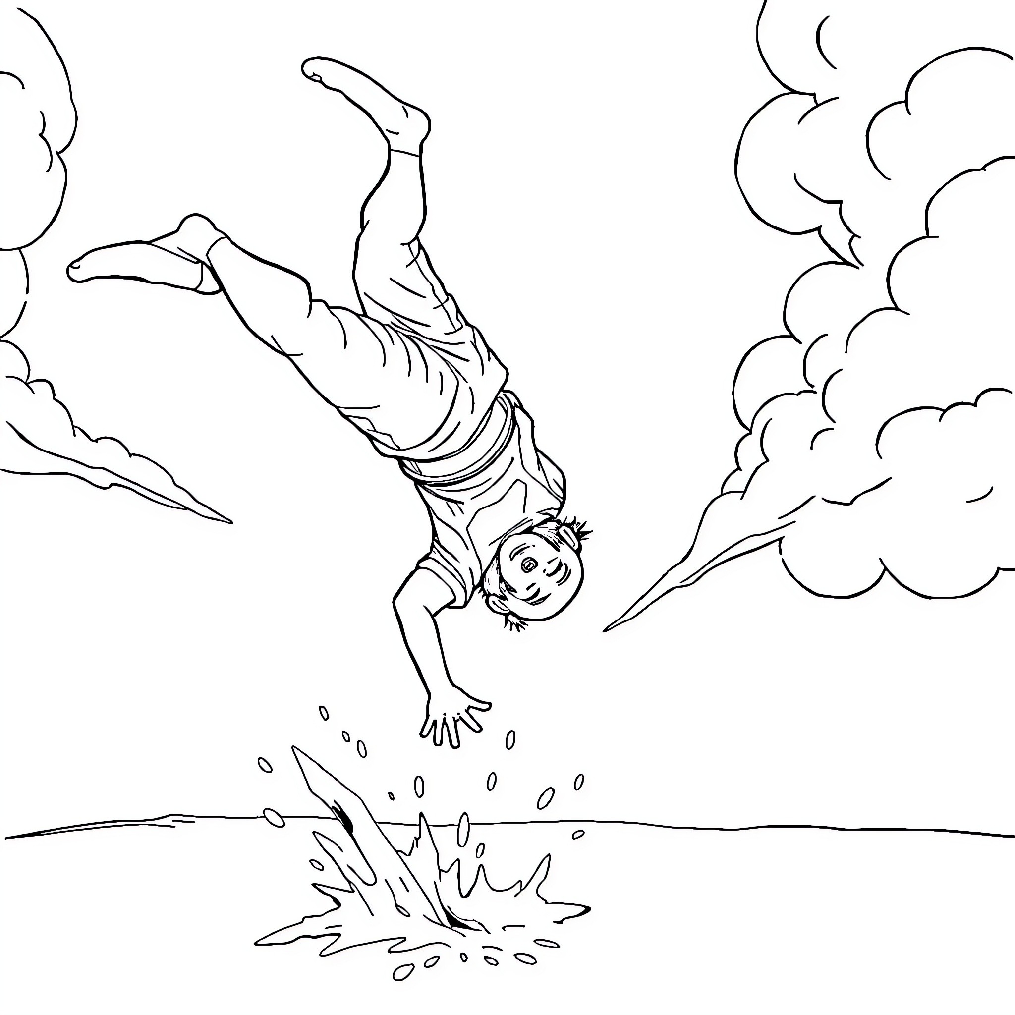Rudo's Daring Dive into Splashing Waters Coloring Page (free black-and-white line drawing printable PDF for all, from beginners to advanced learners, including children, teens, adults, and seniors)