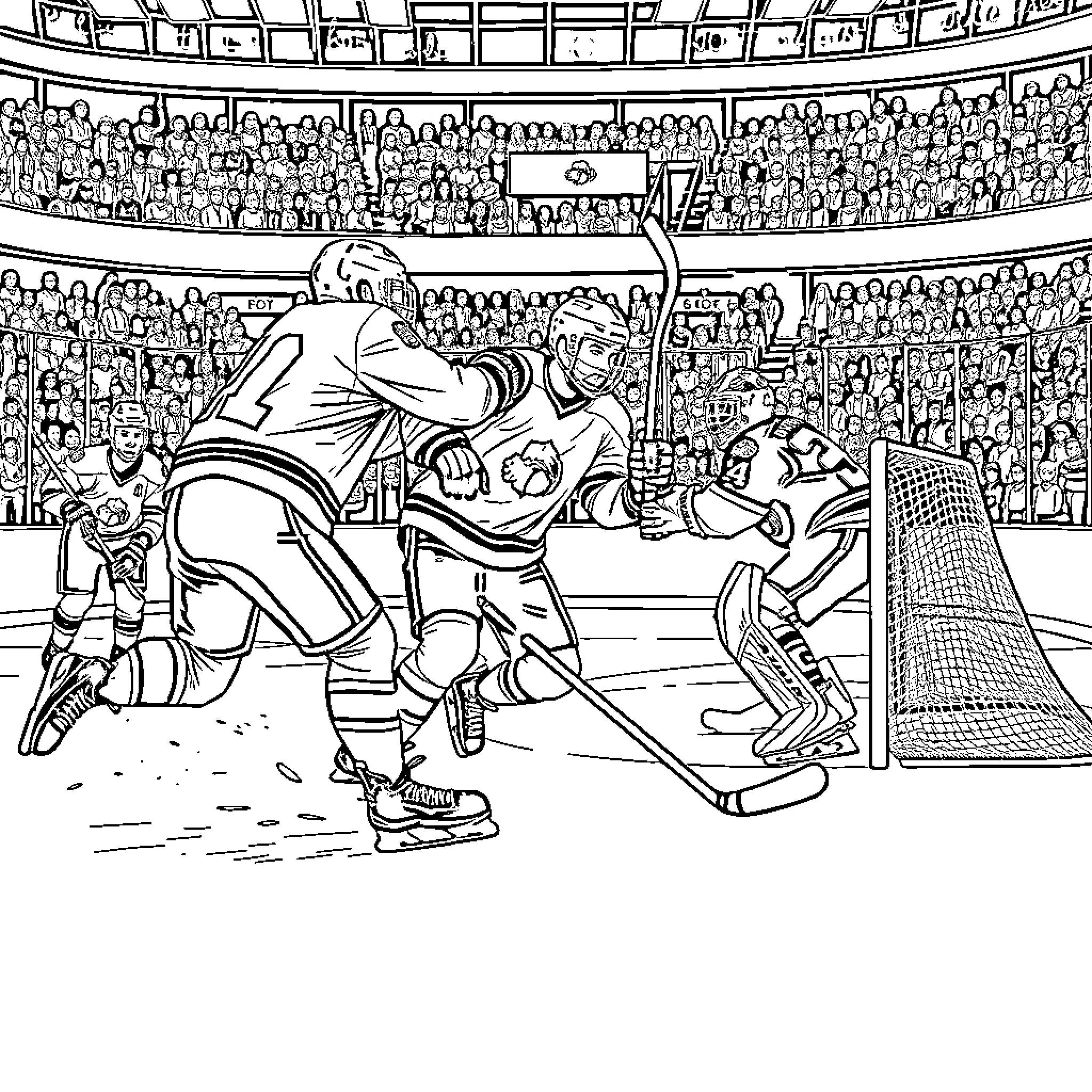 Hockey Players in Intense Match on Ice Rink Coloring Page (free black-and-white line drawing printable PDF for all, from beginners to advanced learners, including children, teens, adults, and seniors)