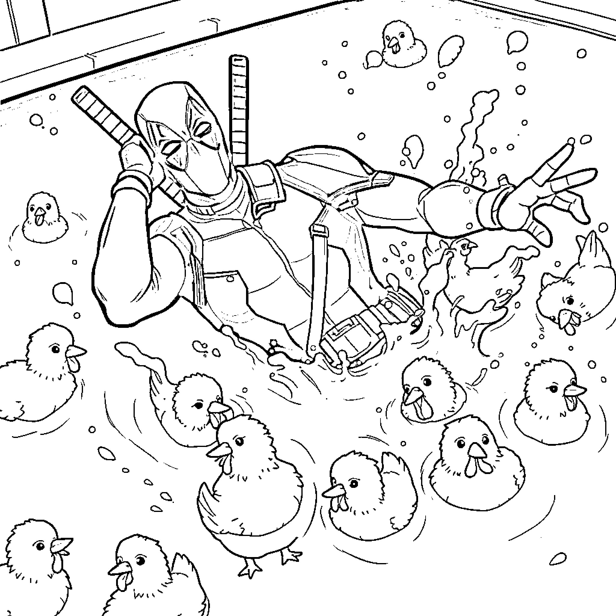 Deadpool underwater with cute ducklings Coloring Page (free black-and-white line drawing printable PDF for all, from beginners to advanced learners, including children, teens, adults, and seniors)