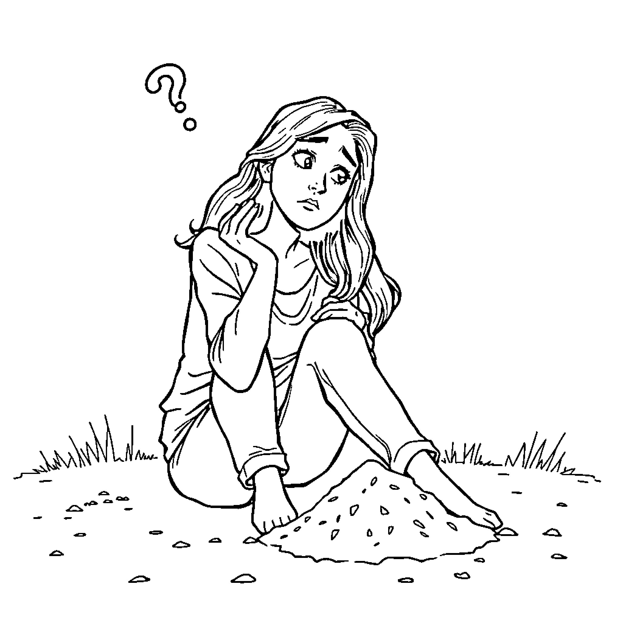 Woman pondering thoughtfully in nature Coloring Page (free black-and-white line drawing printable PDF for all, from beginners to advanced learners, including children, teens, adults, and seniors)